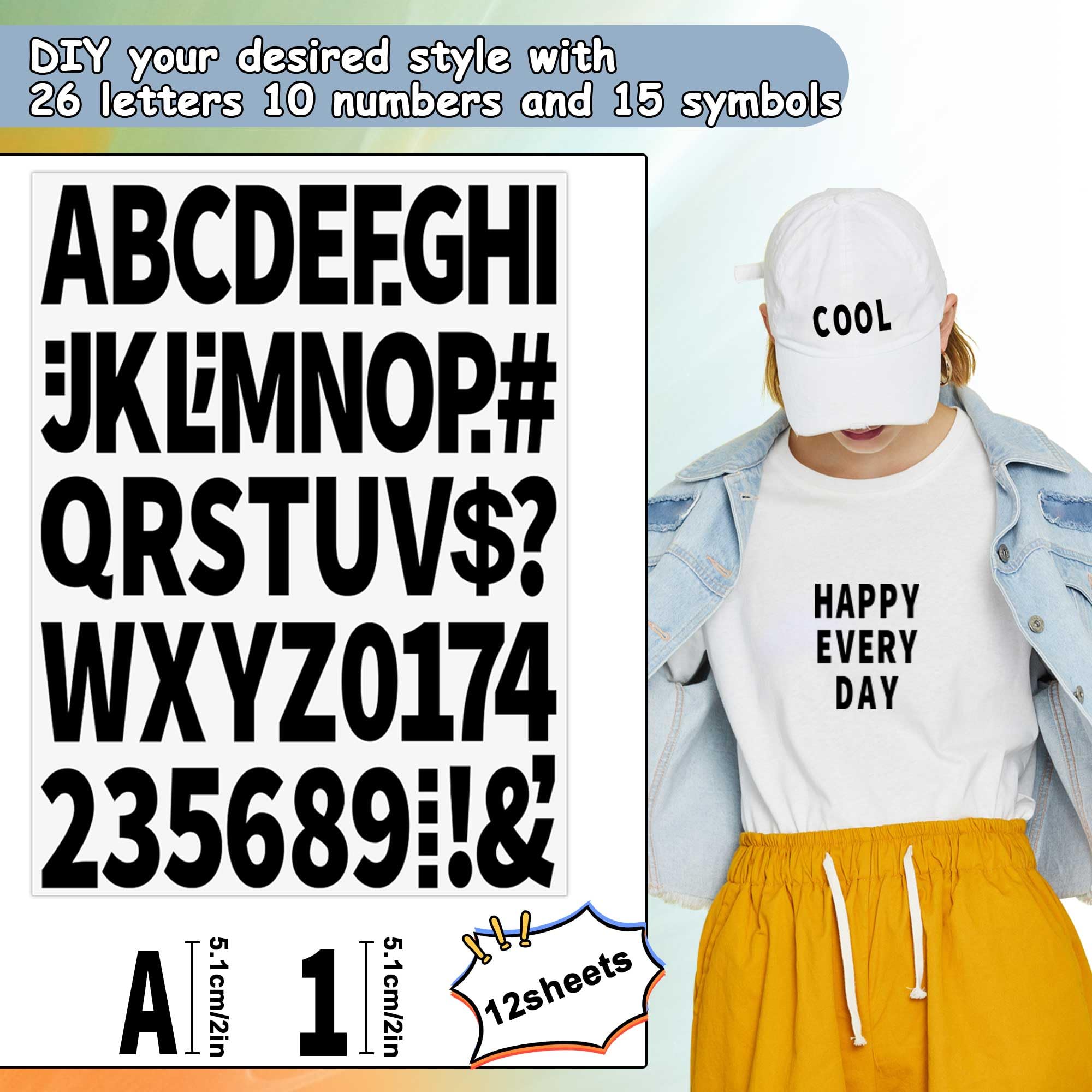 12 hojas de 612 letras y números para planchar para ropa, letras de vinilo para planchar de 2 pulgadas con letras de transferencia de calor de poliuretano, de la A a la Z y números del alfabeto para