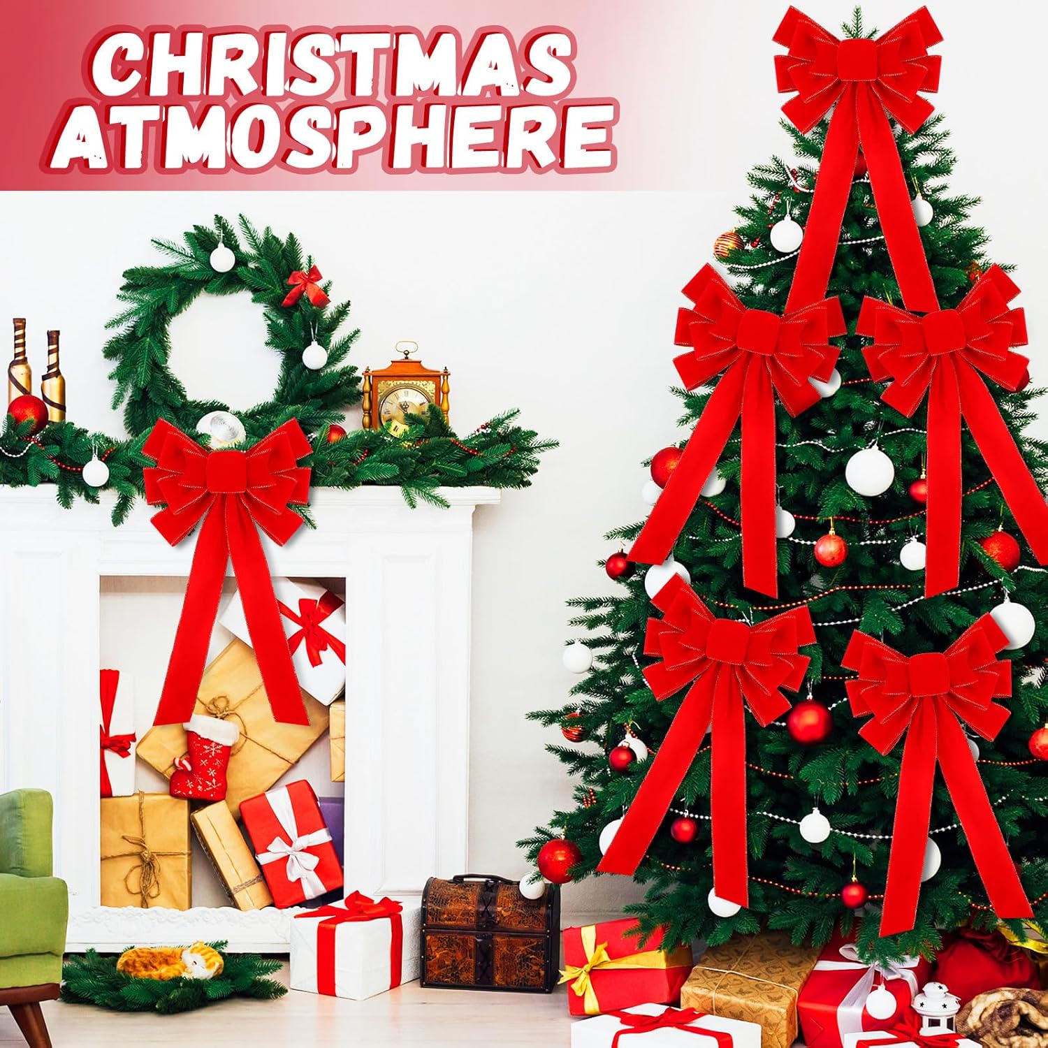 Riceshoot 12 Pcs Red Christmas Bows Outdoor Decorations, 12" x 24" Large Christmas Tree Topper Bow, Velvet Wreath Bow with Glitter Gold Edge for Xmas Home Front Door Decor