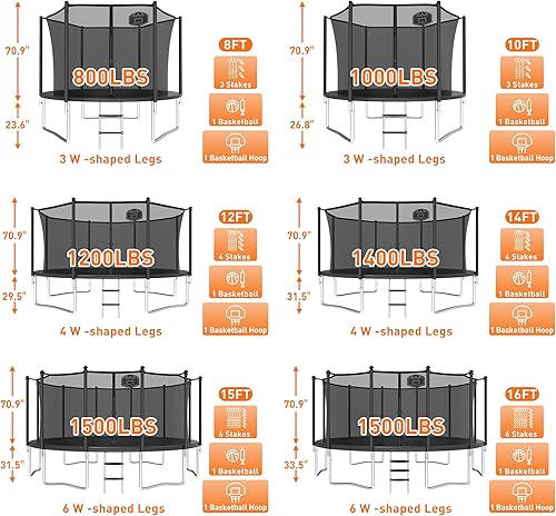 Miniatura 8 de Trampolín de 1500 libras de 8, 10, 12, 14, 15, 16 pies para adultosniños con red de seguridad, aro de baloncesto, pelota, estacas y escalera,