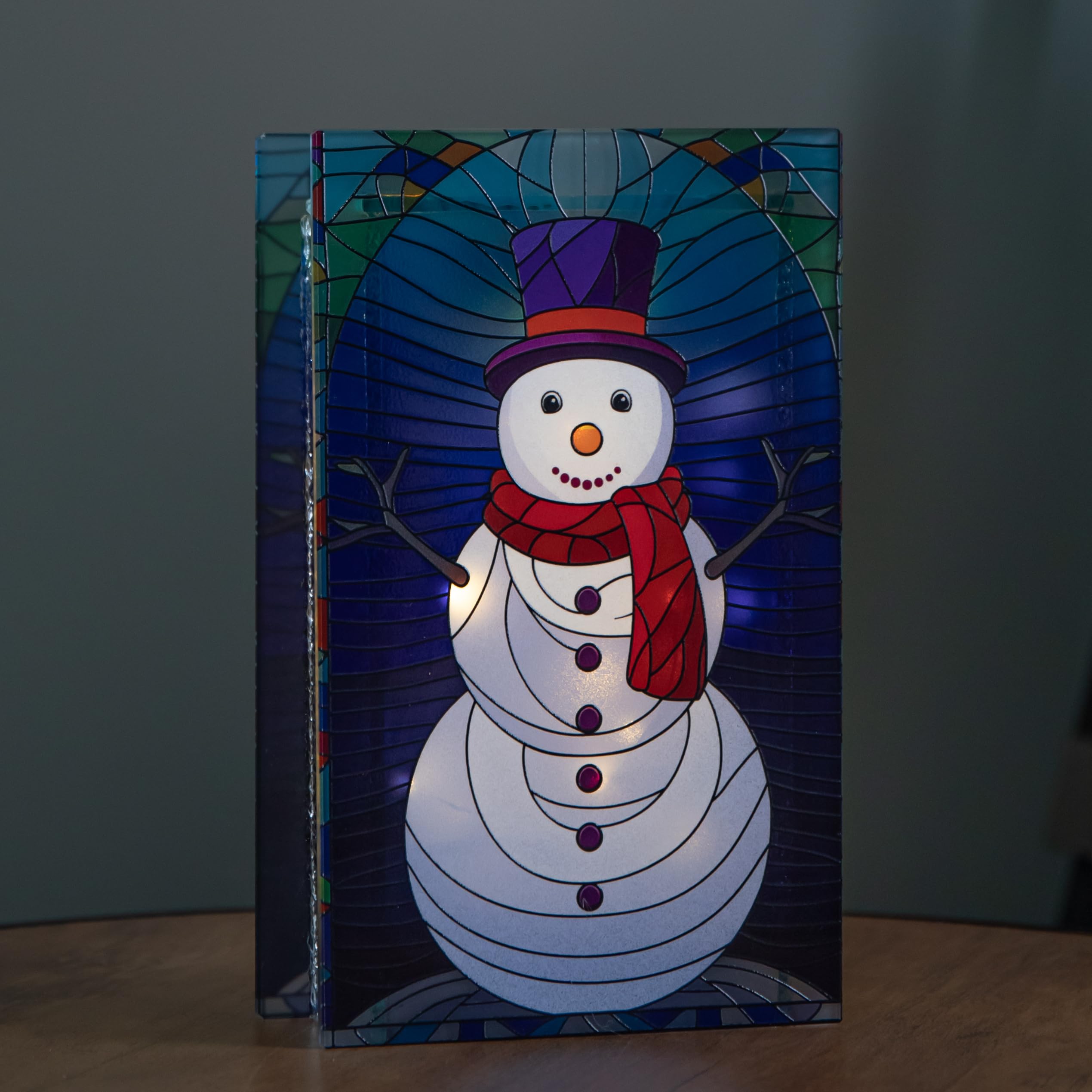 Light 21Cm Battery Operated Up Double Sided Stained Glass Snowman Decoration With Leds