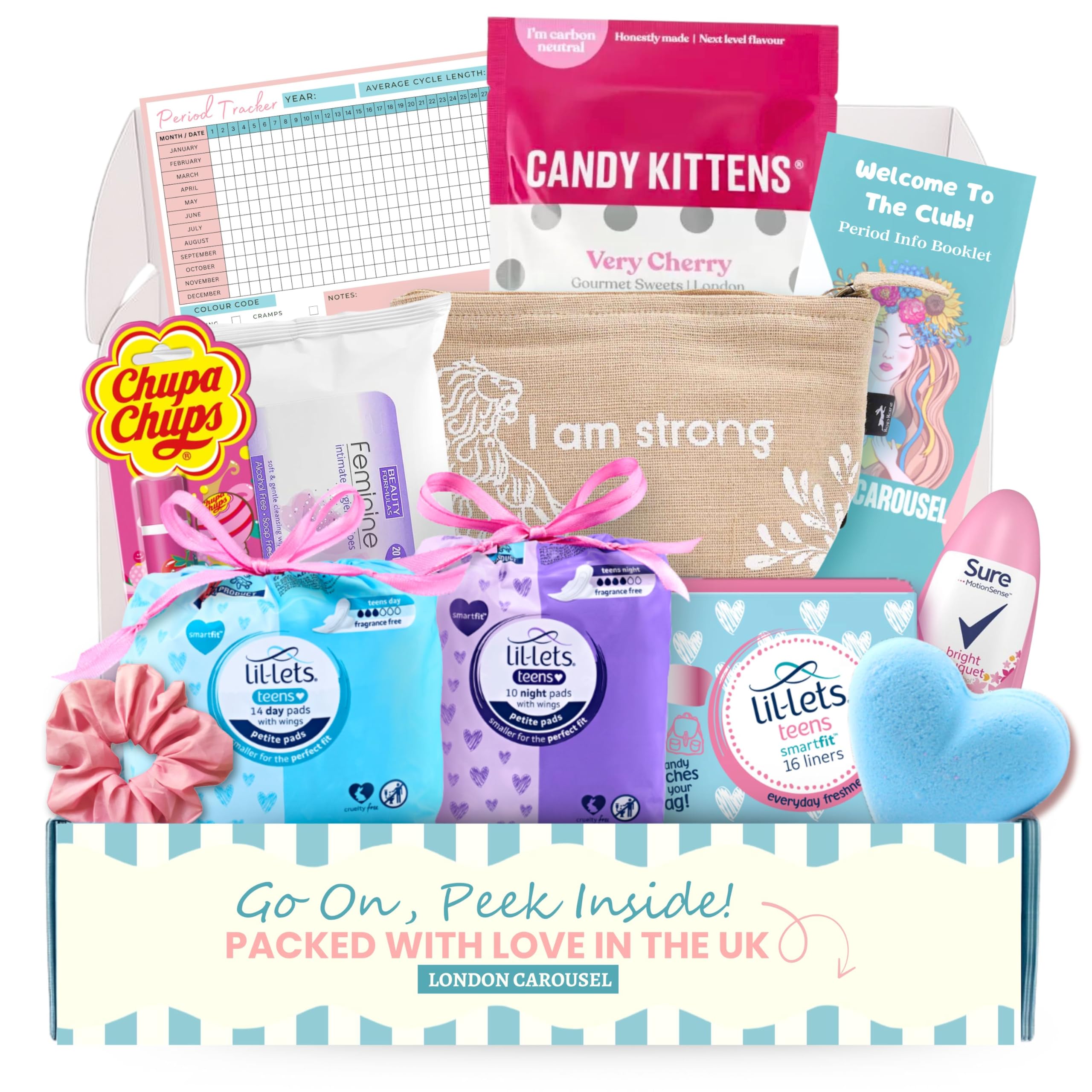 First Period Kit for Girls Bundle with Lil Lets Teen Pads, Lil Lets Night Pads, Lil Lets Teen Liners, Self Care Products, Candy Kittens and Period Tracker and Sanitary Pad Storage Bag