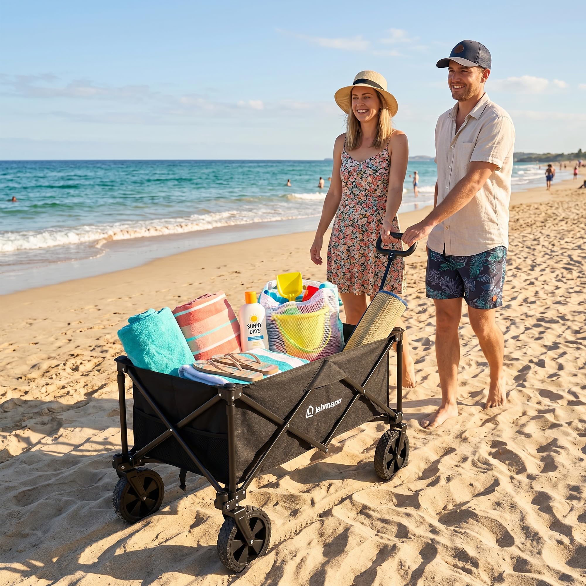 LEHMANN MOBI Carrello Spiaggia Pieghevole 110L con Ruote Grandi, Carrello con Ruote Portatutto fino a 80 kg, Carrello da Spiaggia per Bambini, Spesa, Mare, Giardino e Camping