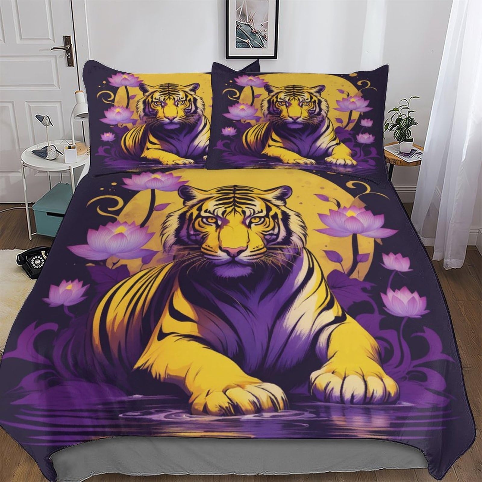 Parure de lit tigre avec housse de couette 220x240 cm microfibre pour lit king size