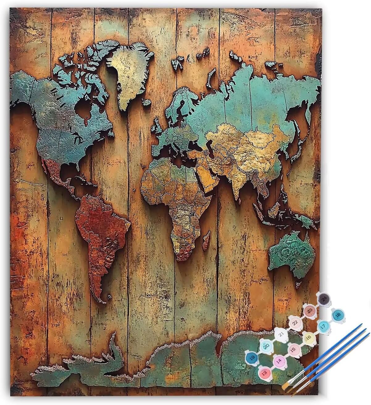 Paint by Numbers World Map Paint by Numbers Kits for Adults Brown, DIY Canvas Oil Painting Arts and Crafts Kit for Kids with Painting Brushes Acrylic, for Home Wall Decor 24x32 in Without Frame u5-893