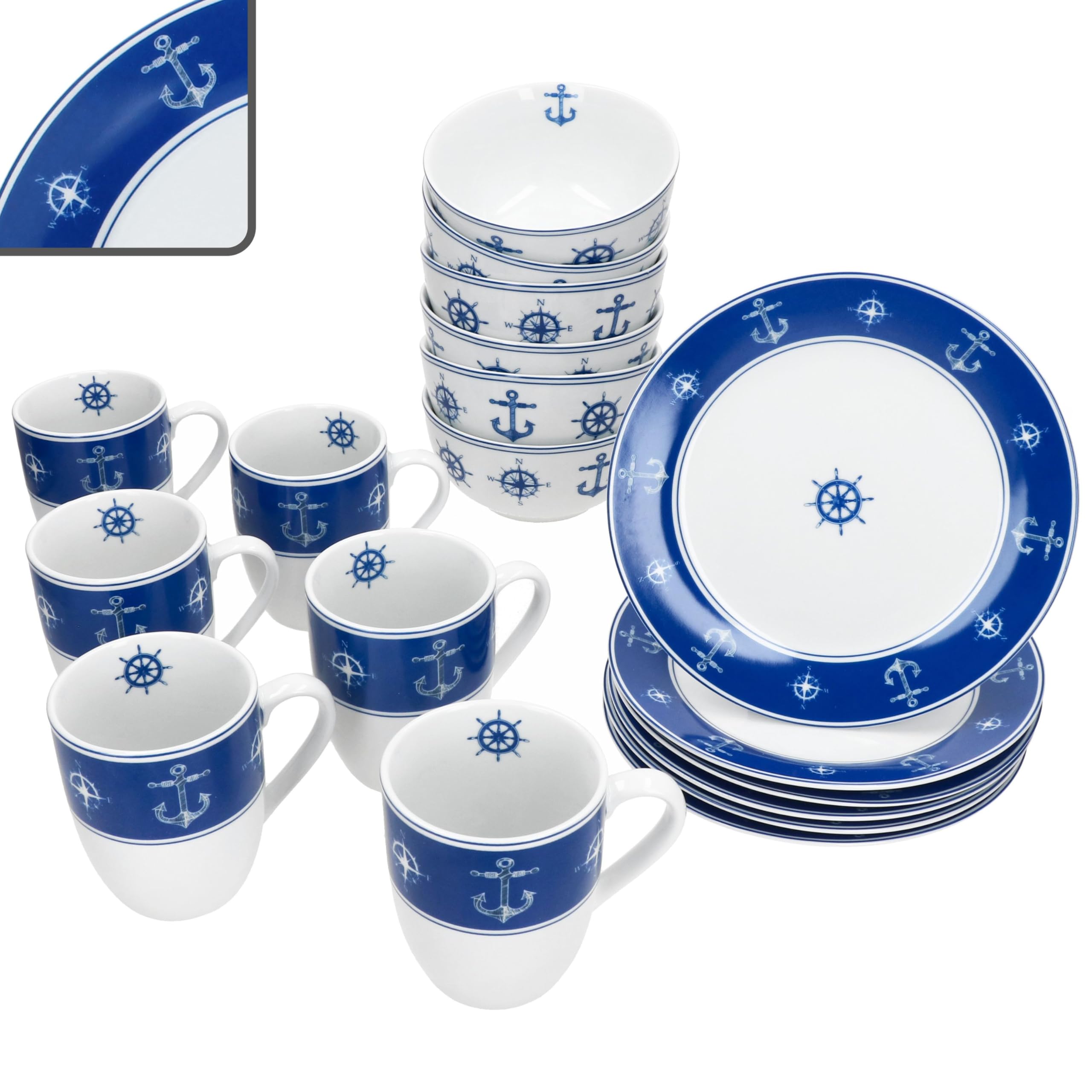 MamboCat AHOI 18tlg Frühstücksset aus Porzellan I blau-weißes maritimes Design mit Anker & Steuerrad I je 6X Kuchenteller, Müslischale & Kaffeebecher für 6 Personen