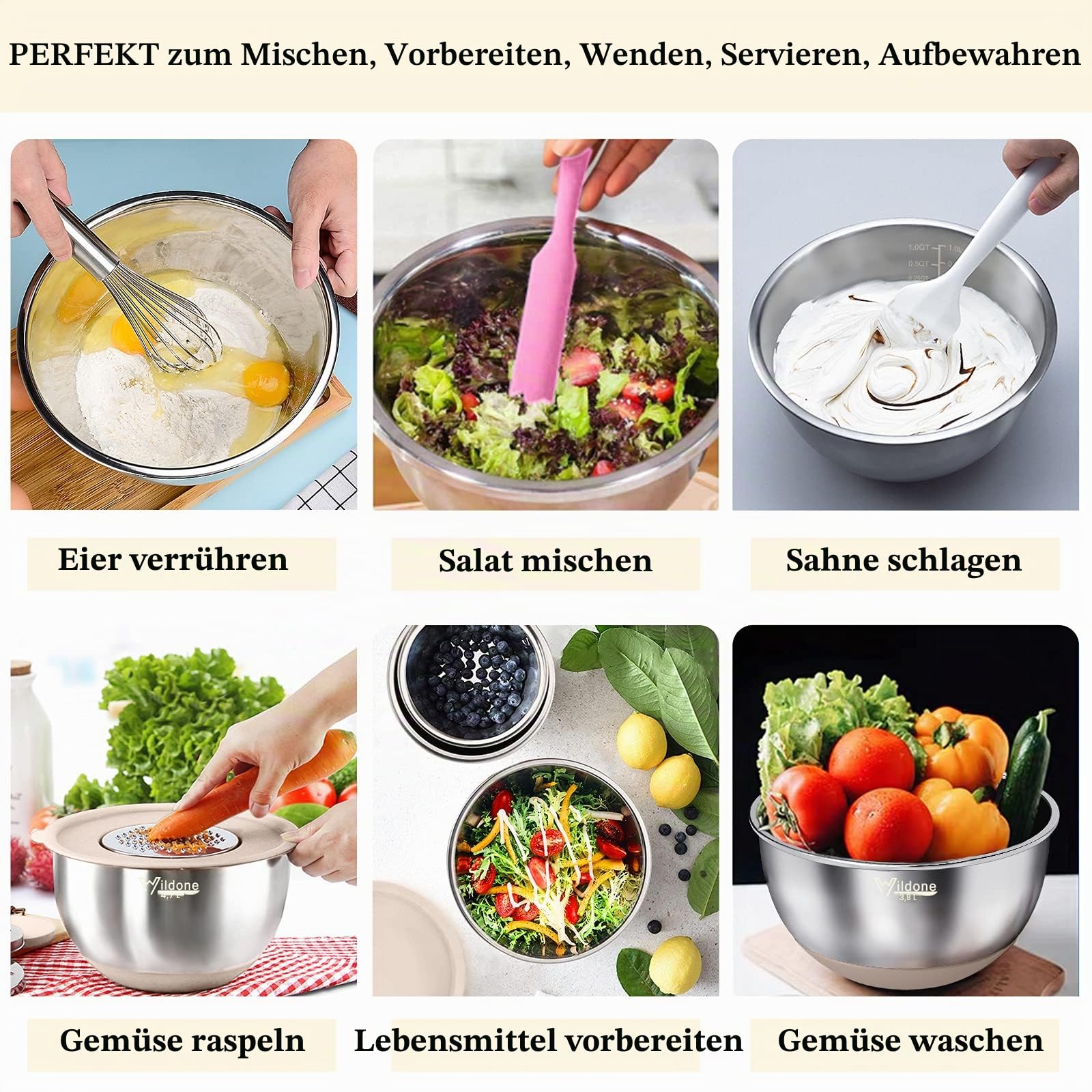 Wildone Rührschüsseln mit luftdichten Deckeln, 22 Stück Edelstahl-Metallschüsseln, 3 Reiben, Messmarkierungen und rutschfeste Unterseite, 0.63 QT, ideal zum Mixen und Servieren (Khaki)