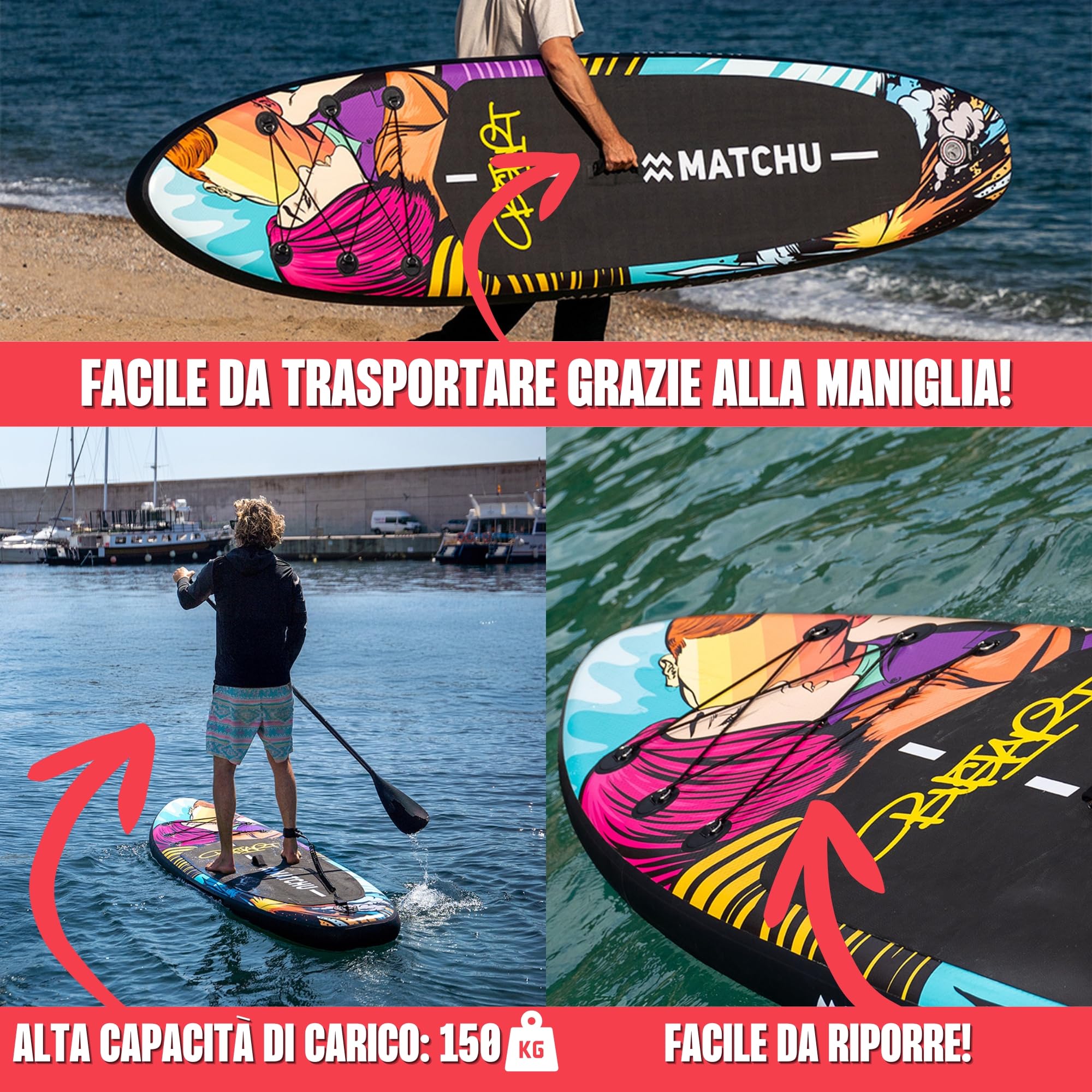 MATCHU - Sup Board gonfiabile - Paddle Board - Edizione limitata - Certificato - Set completo - 320 x 81 x 15 cm - Portata 150 kg - Collezione Art