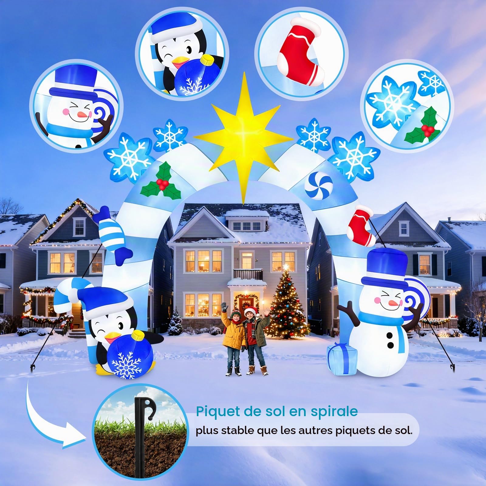 Kalolary 12 Pieds Gonflable de Noël Arcade Hiver Bleu Pingouins | Bonhommes Neige Arche Gonflable Noël Décoration extérieure pour Maison Fête Vacances Pelouse Jardin Centre Commercial Rue