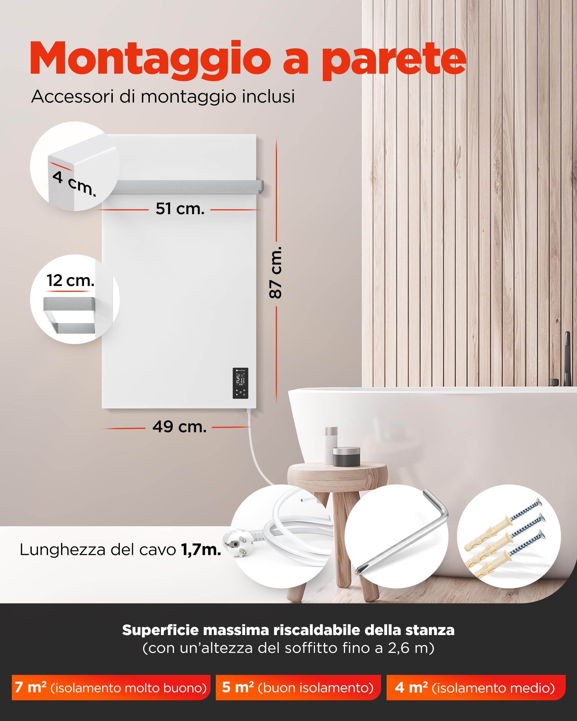 Termoplaza Scaldasalviette Elettrico WiFi Bagno Infrarossi 270 W fino a 7 m² - Pannello Radiante Infrarossi - Termoarredo Elettrico Bagno Basso Consumo - Termosifone Bianco Moderno Verticale