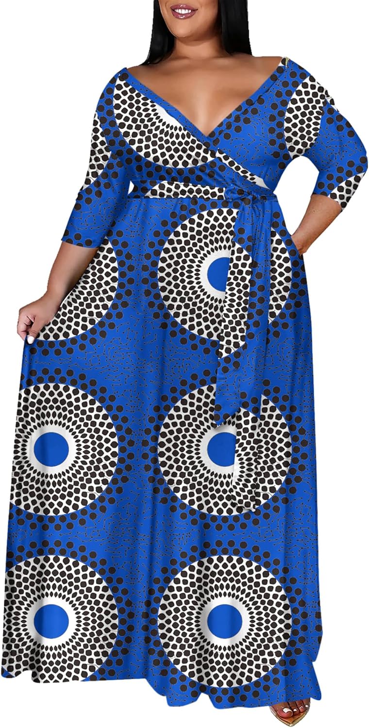 Runwind Plus Size Maxi Dresses for Curvy Women, 3/4 Sleeve V Neck Long Printed Dress with Belt Casual Dress with Pockets