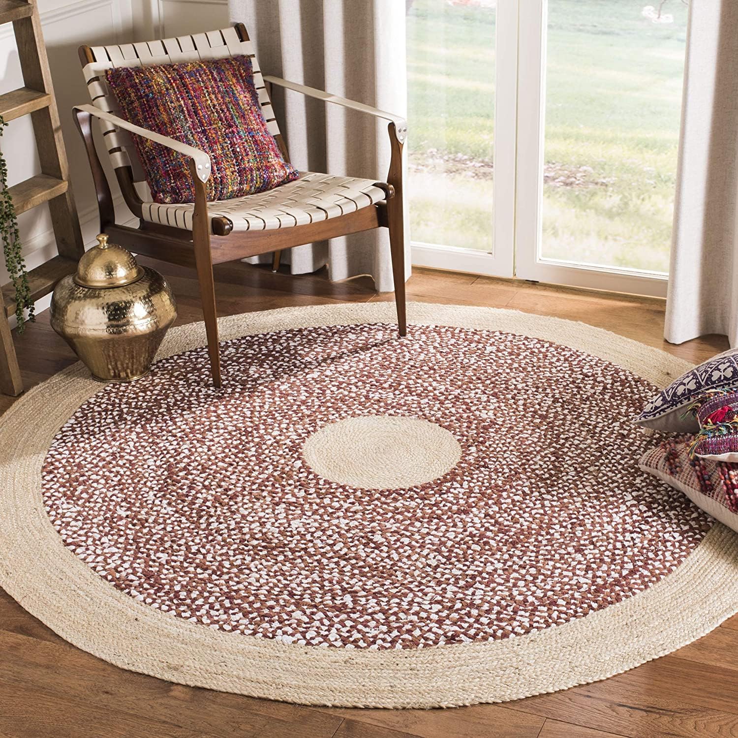 Tapis de sol rond en jute salon table centrale rouge 180x180