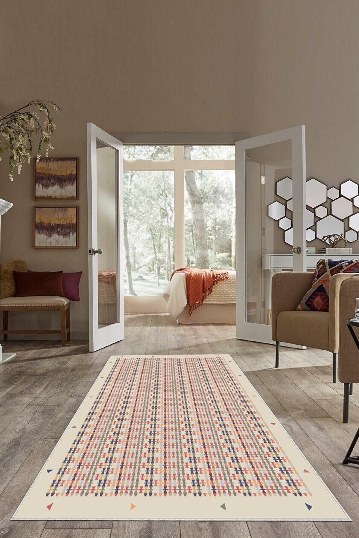 Pelangi Çok Renkli Kilim Desenli Yıkanabilir Kaymaz Taban Leke Tutmaz Modern Salon Halısı Ve Yolluk, Bej-Renkli 100 x 350, 135822210035005
