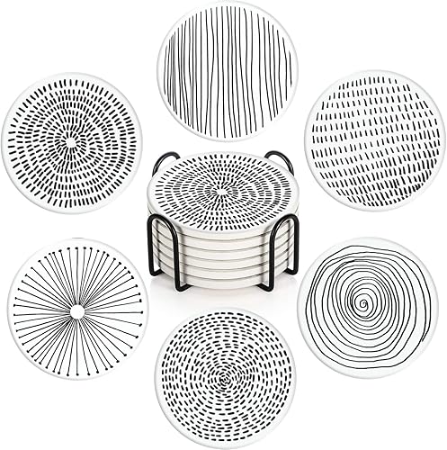 Miniatura 7 de Juego de 6 posavasos para bebidas, cerámica gris, turca, marroquí, tapete de piedra de cerámica absorbente, con base de corcho y soporte de metal,