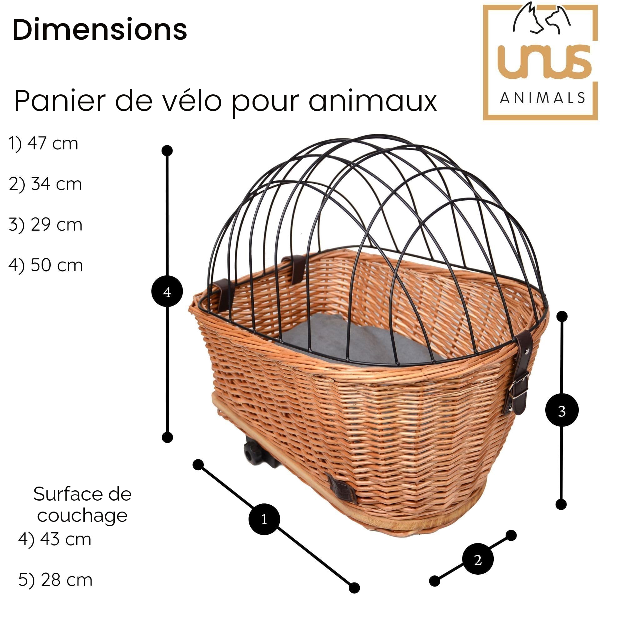 UNUS Panier de vélo pour chien en osier pour porte-bagages avec grille et coussin, gris