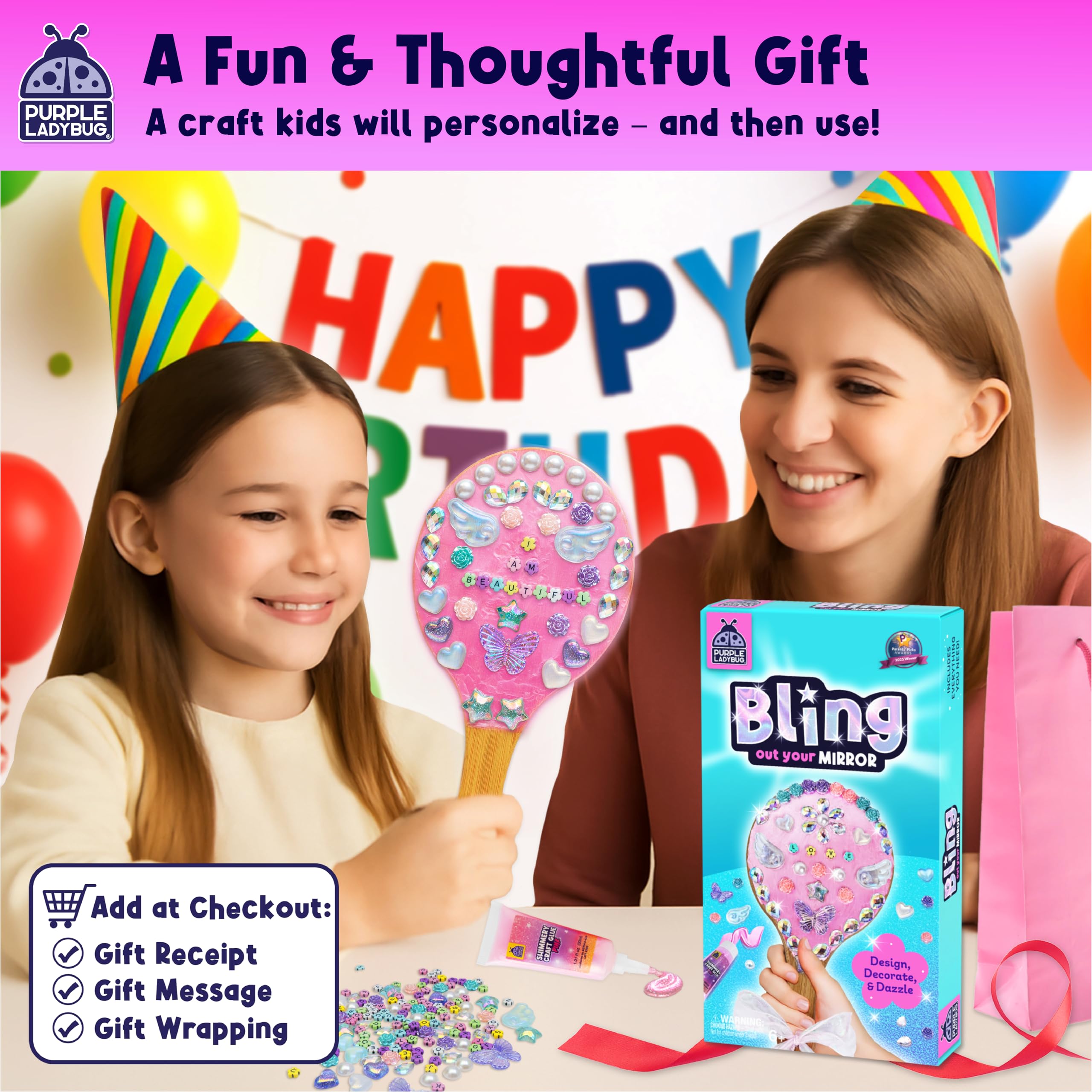 Bling Out Your Mirror Craft Kit for Girls - Decorate Your Own Craft Set with Wooden Handheld Mirror, Gems, & Beads, Girl Christmas & Birthday Gift for 5-12 Years Old, Fun Crafts for Girls Ages 4-12