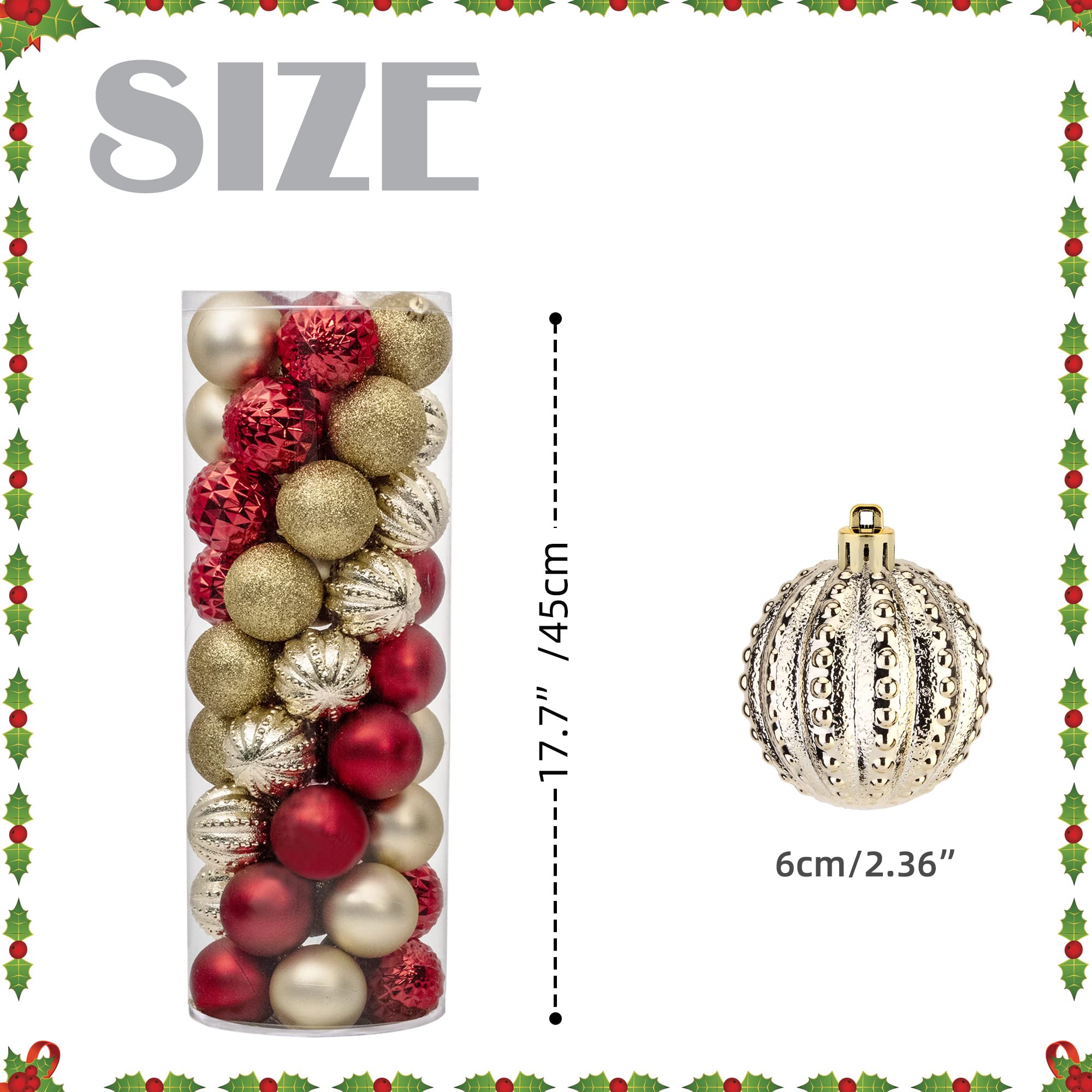 45PCS 2.36"(60mm) Christmas Ball Ornaments, Shatterproof Plastic Ball Present for Xmas Trees,Festival,Home Party and Wedding Party,Small Size Christmas Tree Ornaments(Red/Gold)