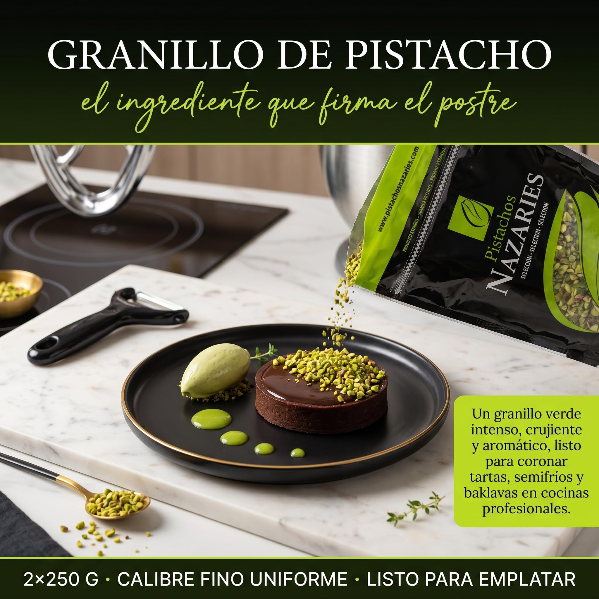 Nazaries Granillo de Pistacho al Natural Sin Sal pack 2x250 g Bolsa Hermetica Sin Gluten Andalucia Troceado Reposteria Helados Tarta Yogur Baklava Decoracion Postres Frutos Secos Picado Crudo Pelado