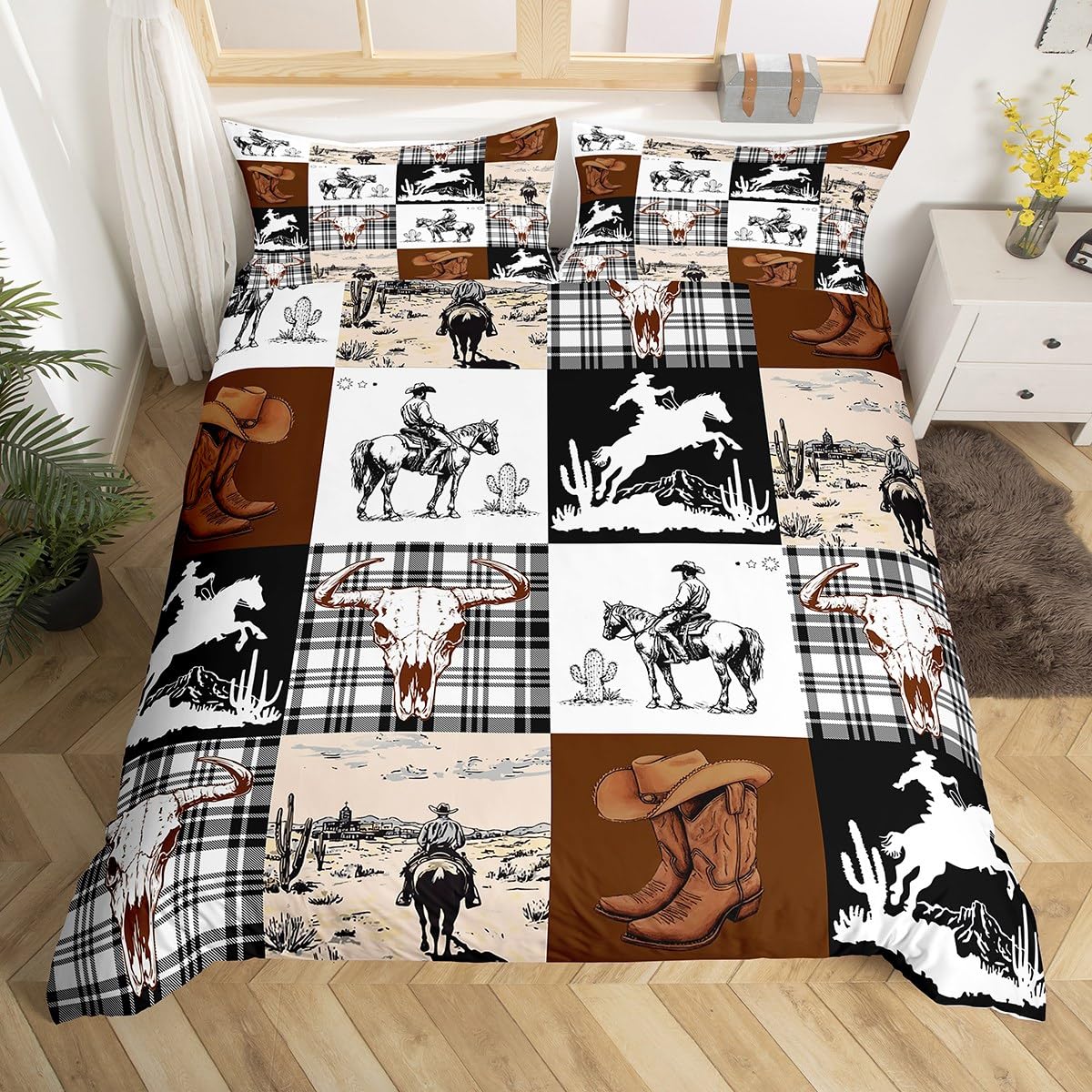 Loussiesd West Cowboy Duvet Cover Set Super King Size For Kids Boys Adults Teens Rodeo Cowboy Style Bedding Set Western Animal Cow Skull Comforter Cover with 2 Pillowcases West Desert Beds Set - Image 3