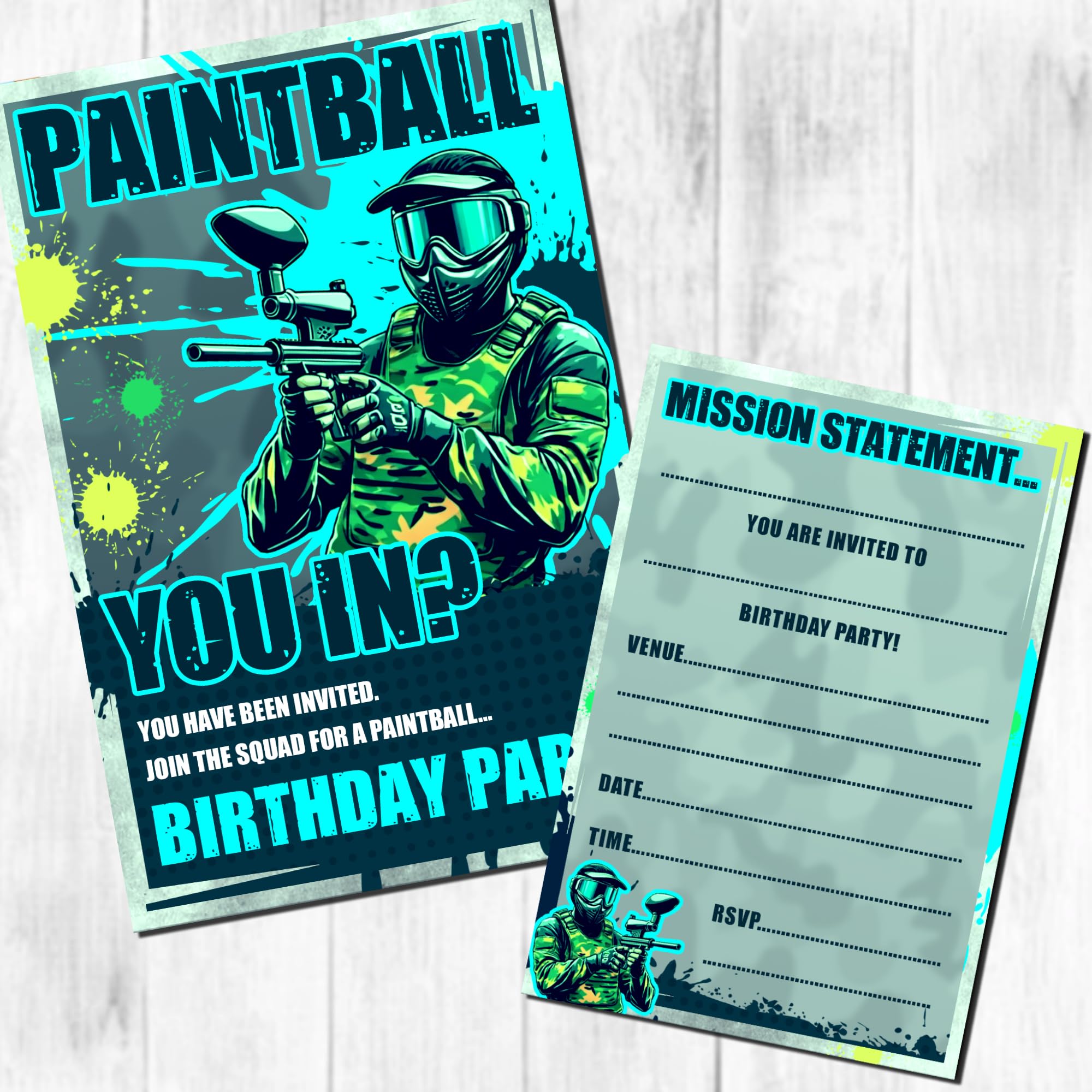 Paintball Party Invites Birthday Invitations & Envelopes (WRITE ON) New (Pack of 25 with envelopes)