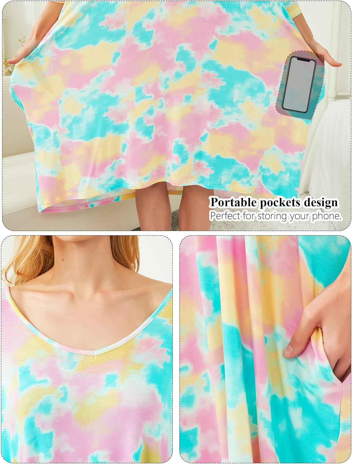 KFUBUO Plus Size Nightgowns for Women V-Neck Sleep Tshirts Dress Pjs Lounge Short Sleeves Sleepwear With Pocket Fit S-5XL - Image 5