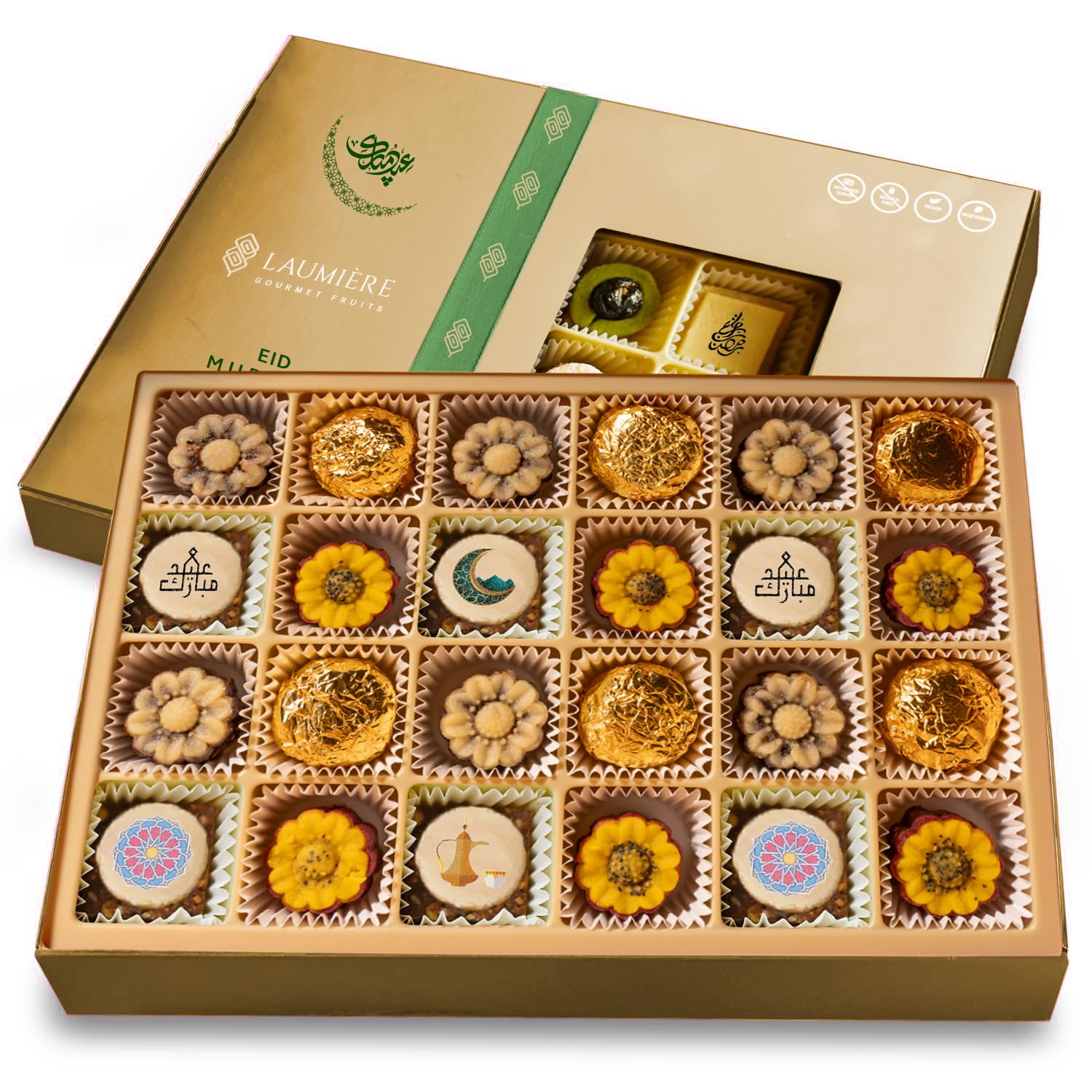 Laumiere Gourmet Fruits - Noor Collection [Eid Edition] - Rectangle (24 Pcs) - Halal Dried Fruits and Nuts Basket - Medjool Dates Box - Hamper - Eid Festive Celebrations - No Added Sugar