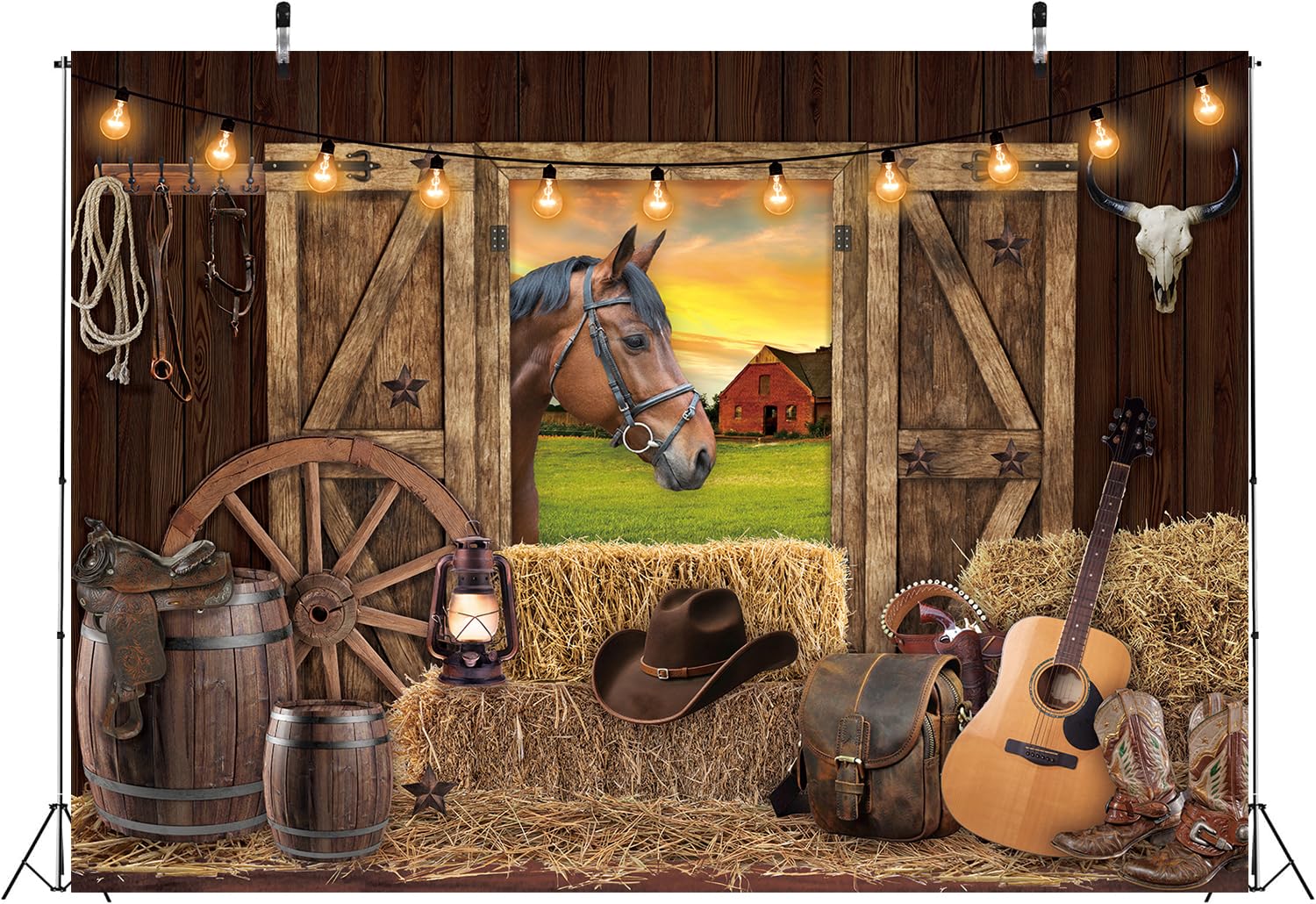Toile de Fond de Cowboy Occidentale en Bois Rustique pour Enfants et Adultes - Décoration de fête prénatale (210 x 150 cm)