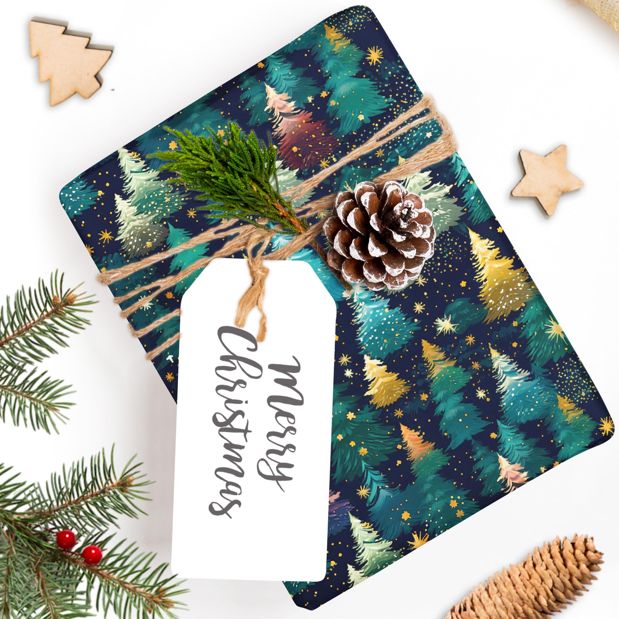 SaringSwoon Papel de regalo de árbol de Navidad para niños y adultos, papel de regalo de Navidad con cielo nocturno estrellado, diseños de árboles de Navidad y estrellas para vacaciones de invierno,