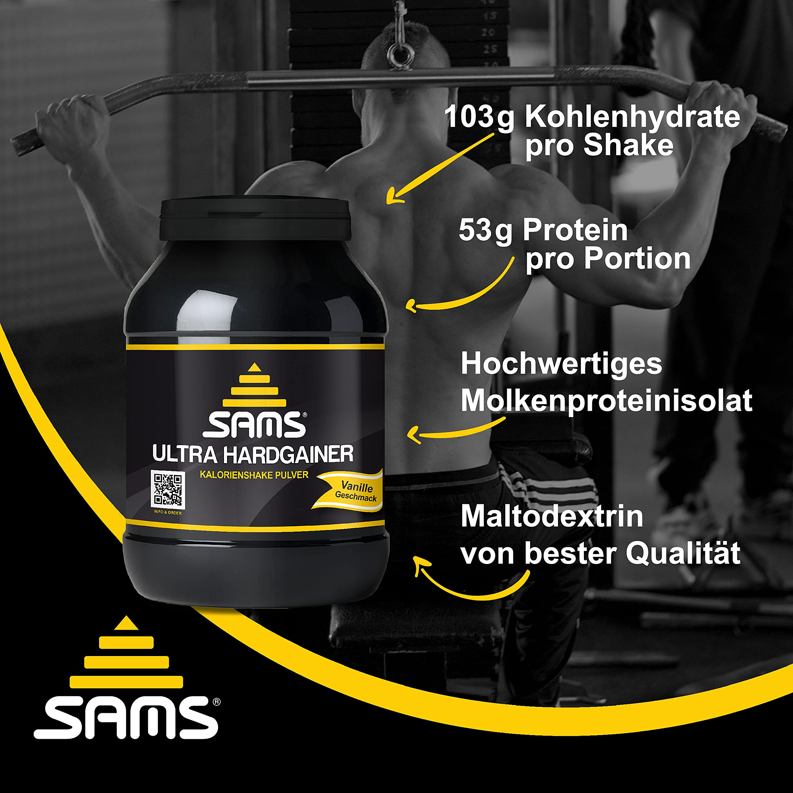 5000 Kalorien pro Tag – Mass Weight Gainer mit Whey Protein Isolat Pulver – Aufbaunahrung für maximale schnelle Gewichtszunahme – Muskelaufbau & Masseaufbau SAMS Ultra Hardgainer (Vanille 1050 g)