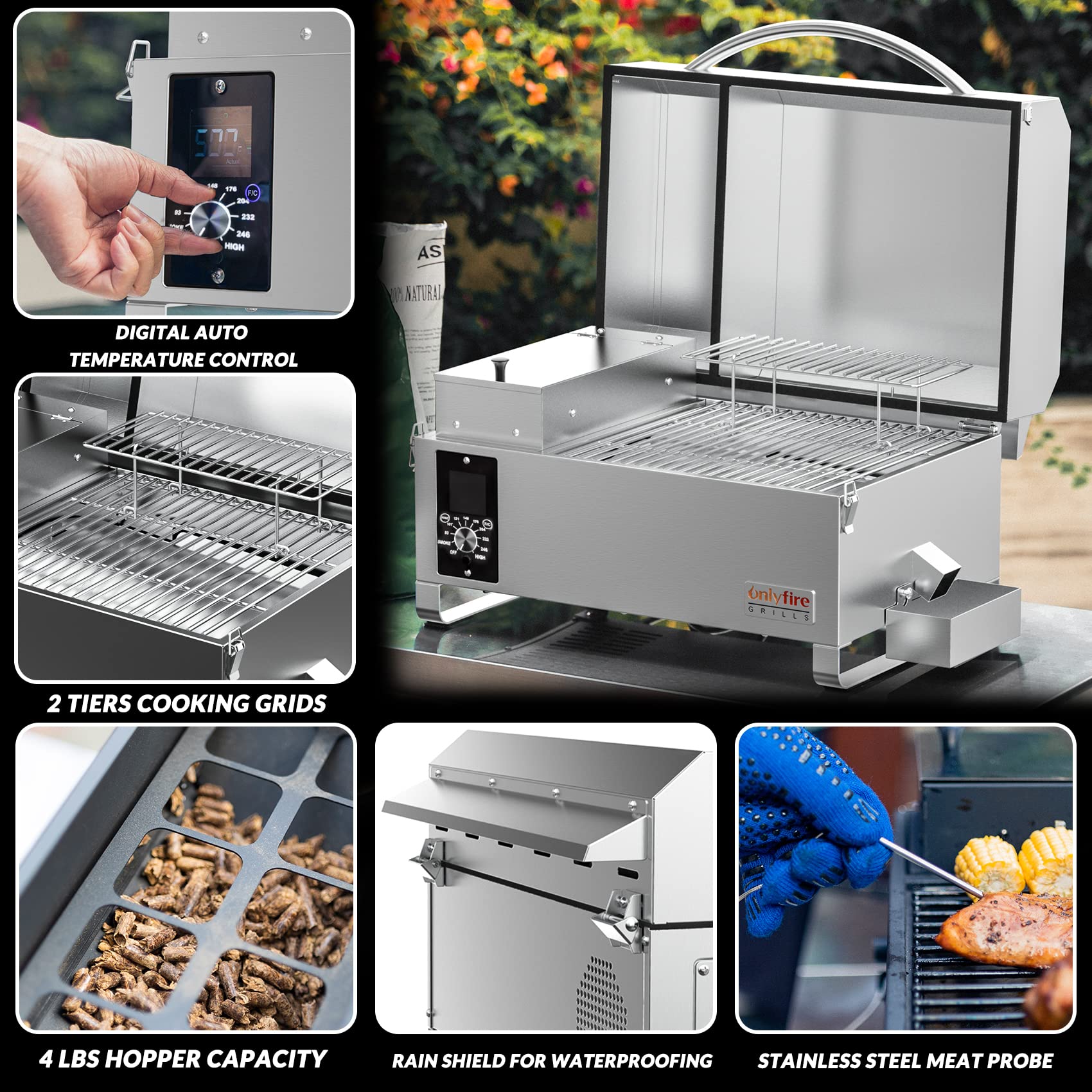 Onlyfire Tragbarer Pellet Grill, Edelstahl Pellet Smoker, 8-in-1-Multifunktion BBQ Pellet Smoker Grill, mit Automatischer Temperaturregelung, LED-Bildschirm, Silbe