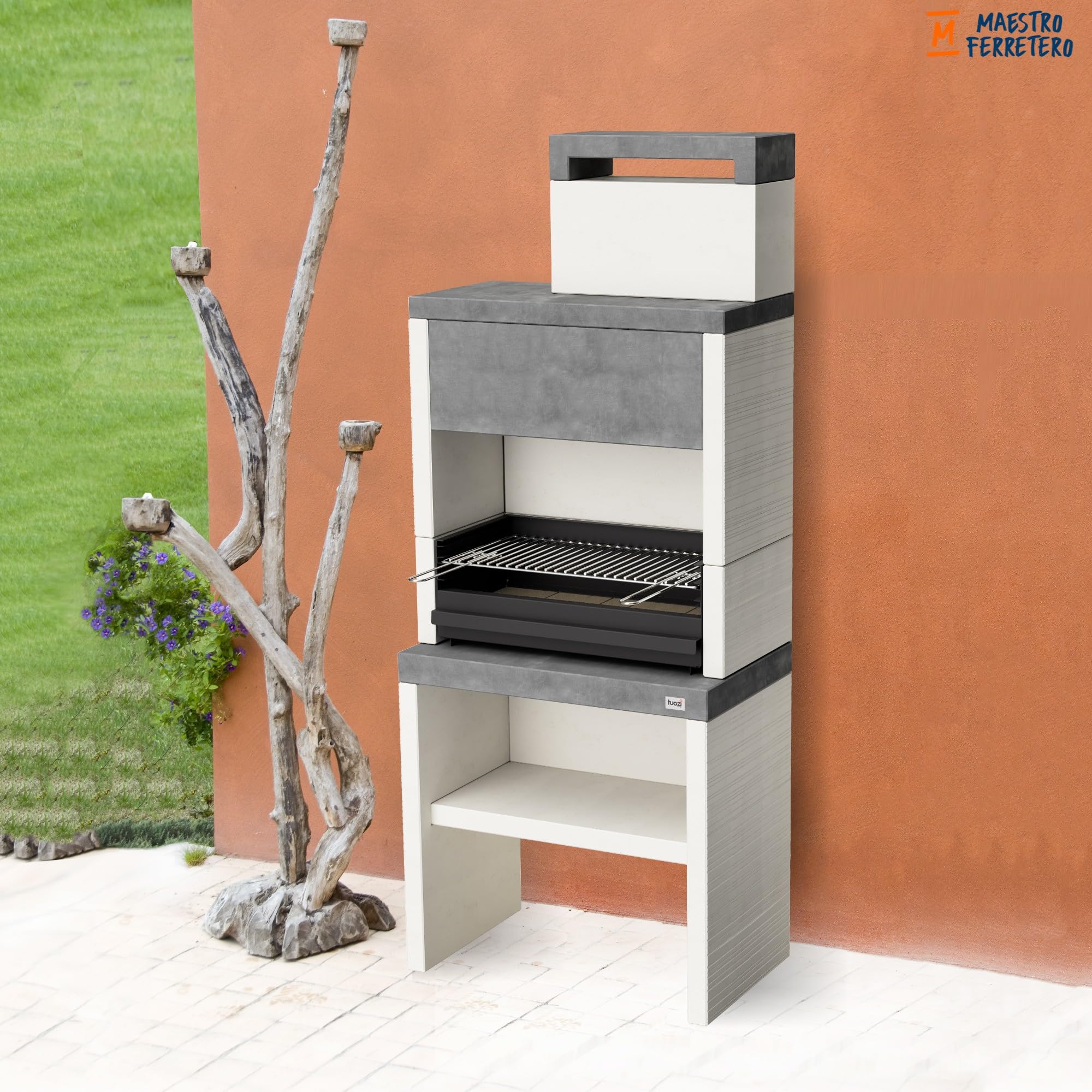 TUOZI - Barbacoa de Obra para Carbón Modelo PLAN 0 MAX (Gris/Blanco - 59 x 47 x 192 cm) REF: 8030 - Uso en Exteriores