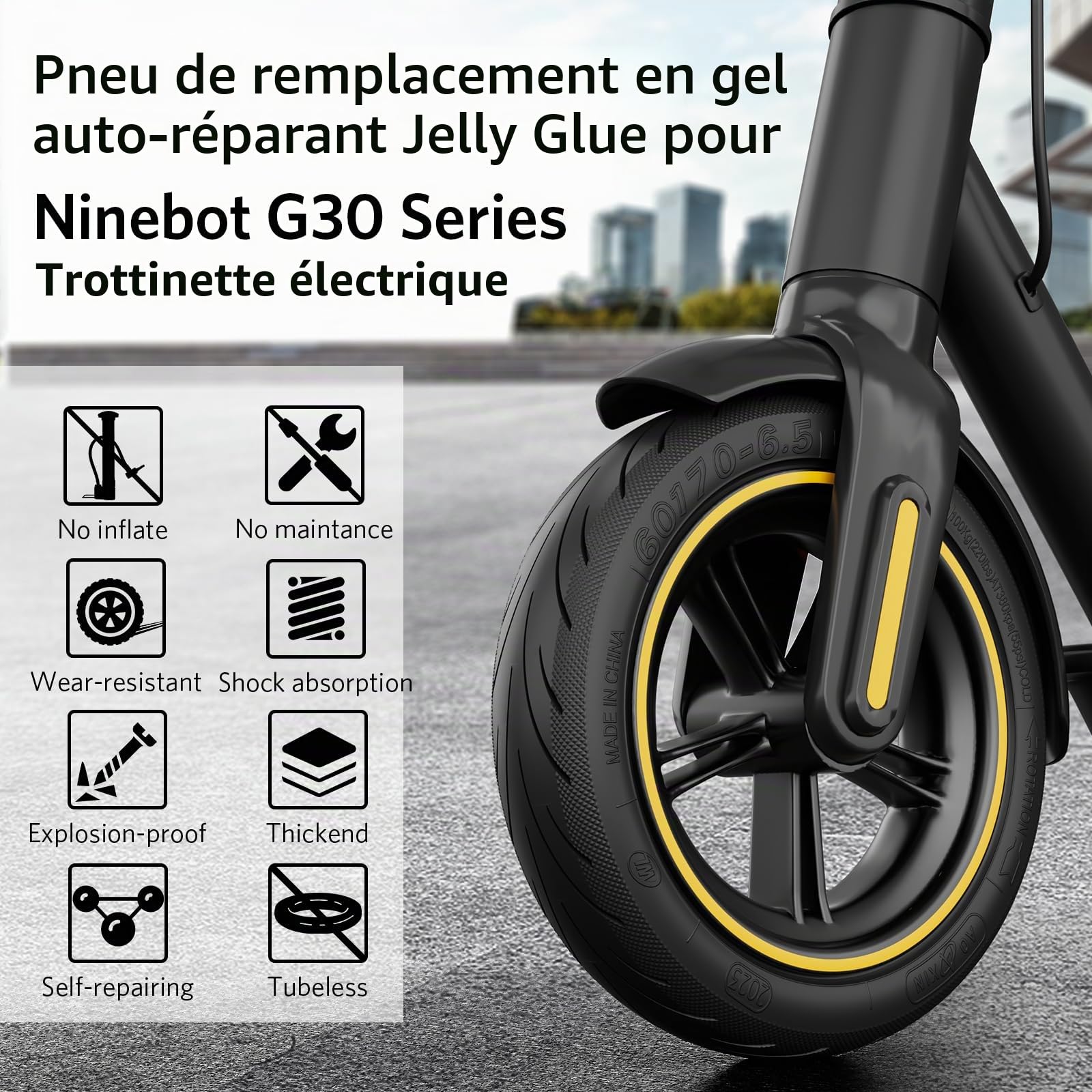 OUXI Roues de rechange 10 pouces pour pneus en caoutchouc Ninebot G30 Max/G30D Jelly Glue, roues de rechange 60/70-6,5 pouces, pneus de scooter électrique hautement élastiques（2pack）
