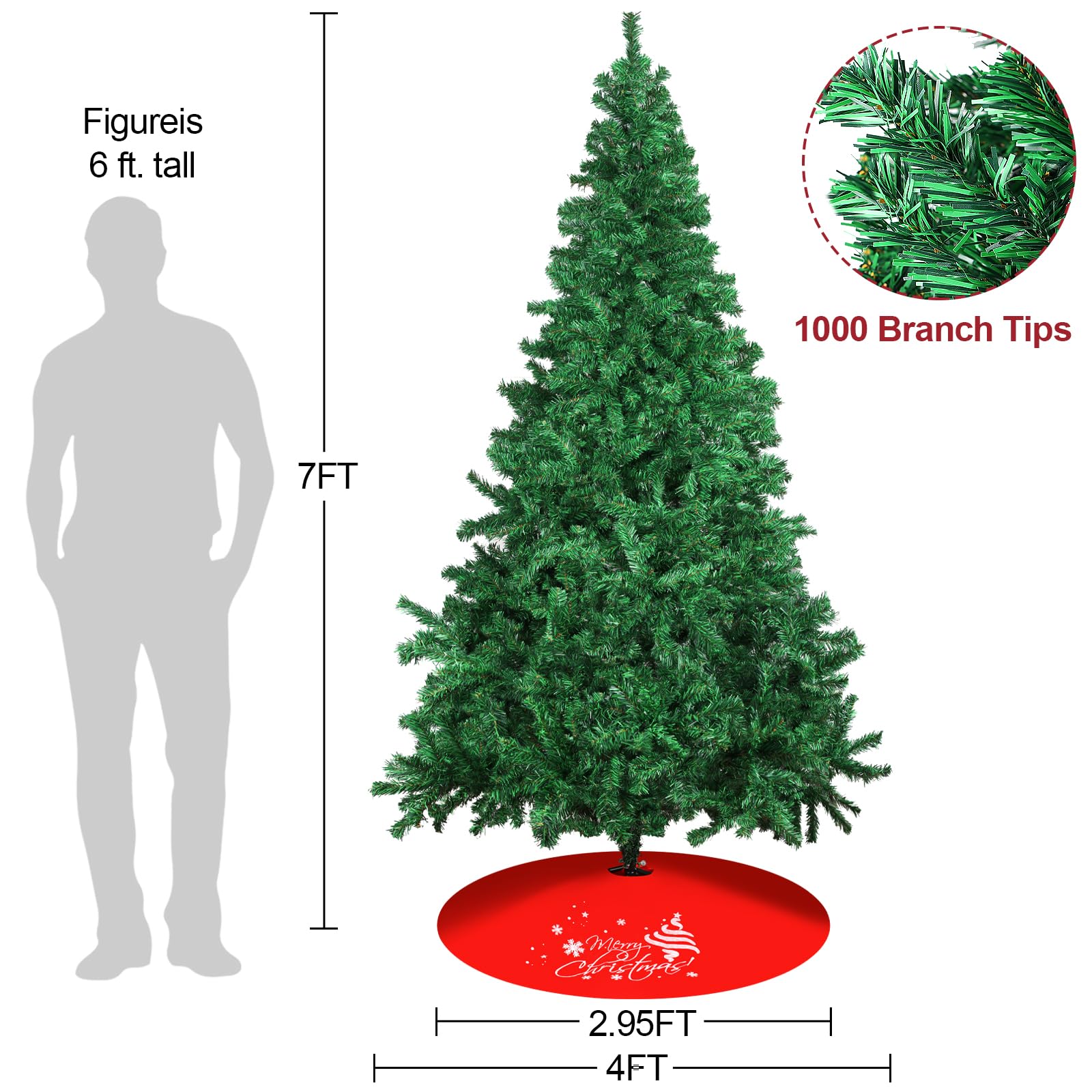 7FT Artificial Christmas Tree, PVC Christmas Tree with Stand, Christmas Tree Skirt, Hinged Xmas Tree for Home, Christmas Decorations Indoor, Xmas Tree Ornaments, Green