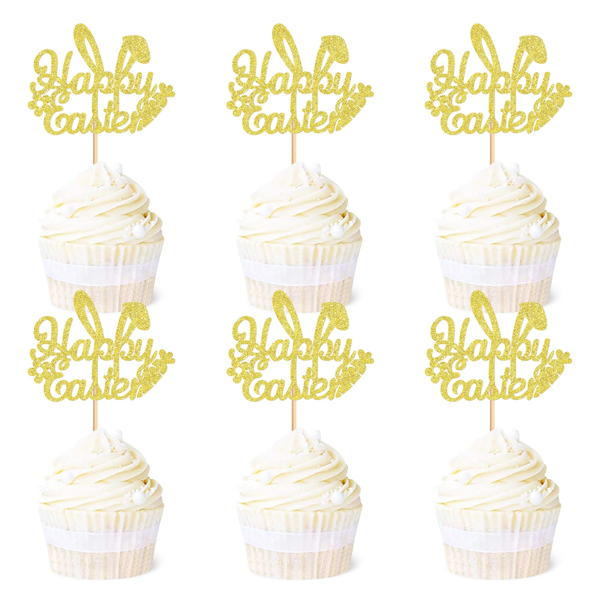 Blumomon 24Pcs Happy Easter Cupcake Toppers Gold Glitter Bunny Ear Cupcake Picks Happy Easter Theme Party Cake Decorations Supplies