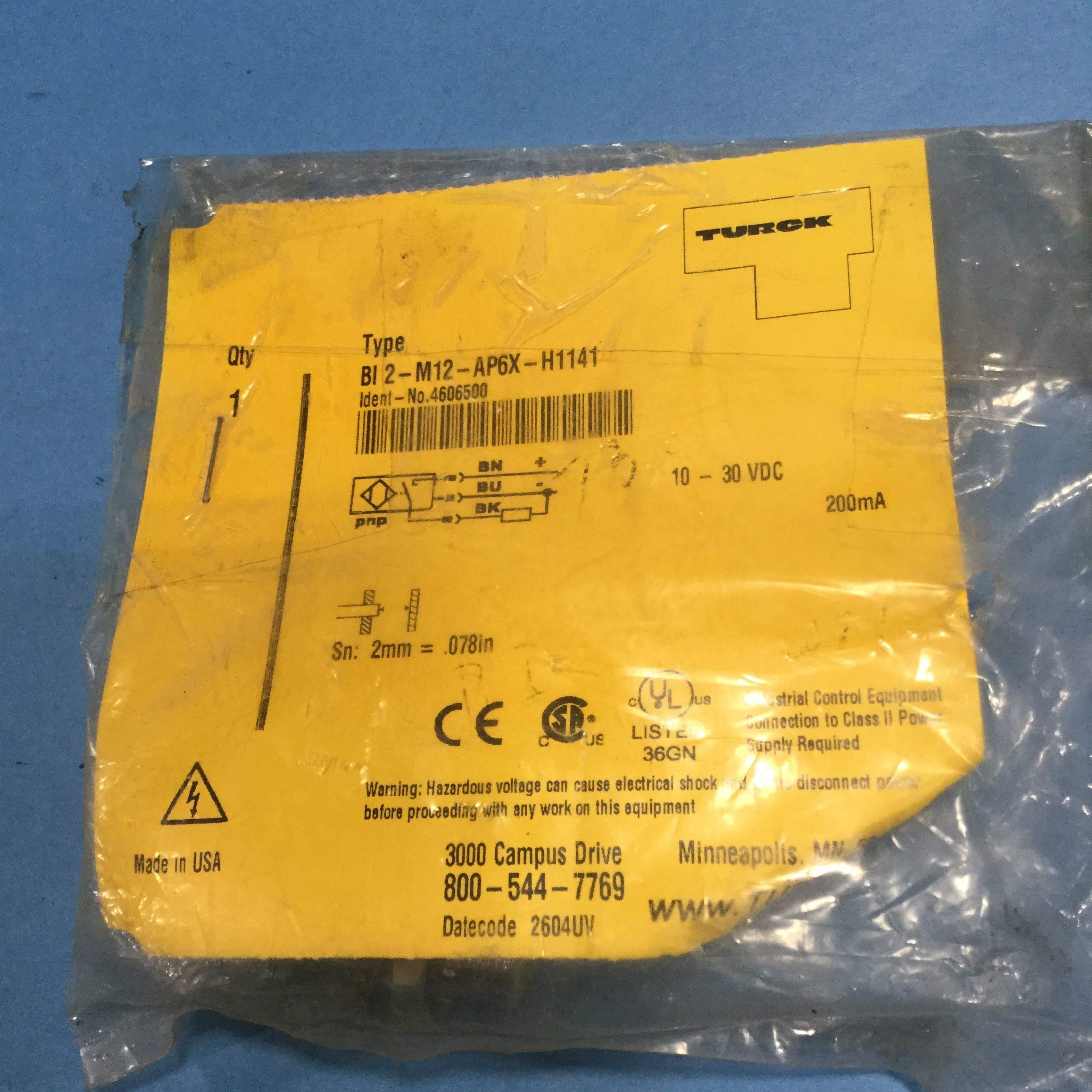 TURCK BI2-M12-AP6X-H1141 Partial Thread, EMBEDDABLE, INDUCTIVE, Straight, Normally Open, 2MM Range, 1 LED, 10-30 VDC, PNP (SOURCING), 4 PIN, EUROFAST M12 Male, (46065), Standard, Sensor, 12MM Size
