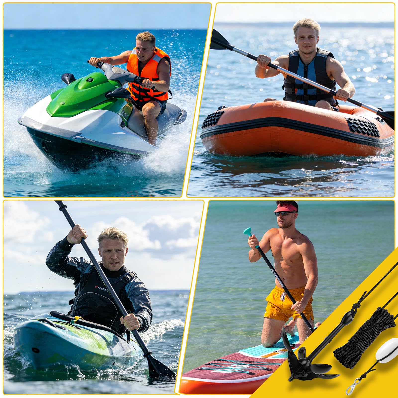 Ancoraggio pieghevole per barche, 1,59 kg, set di ancoraggi pieghevoli con corda di ancoraggio da 12 m, per gonfiabile, barca, SUP, paddle