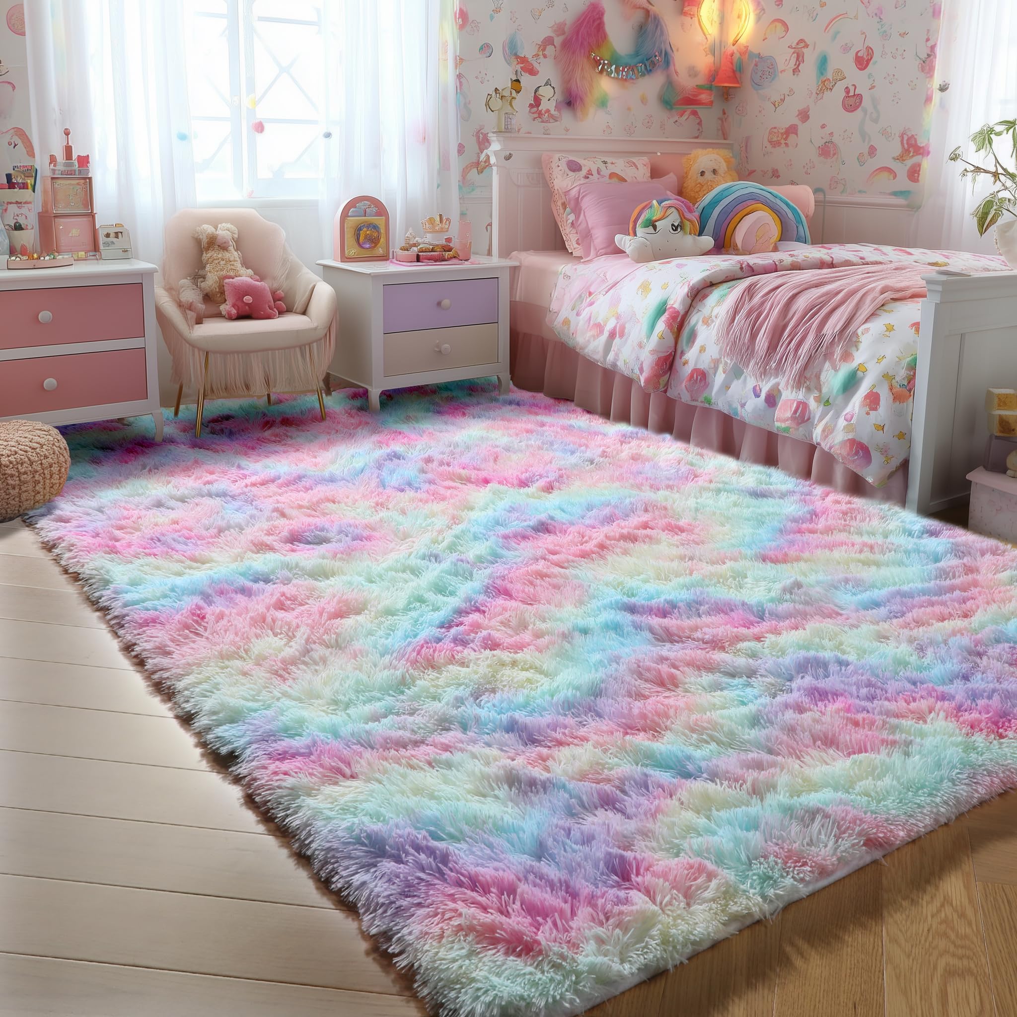 PAGISOFE Rainbow Rugs 6x9, Large Fluffy Soft Carpet,Plush Shaggy Rugs for Bedroom Girls,Kids Rooms,Fuzzy Nursery Rug for Baby's Toddler's Room, Clorful Rooms Decor for Teenage Pastel Kawaii Princess