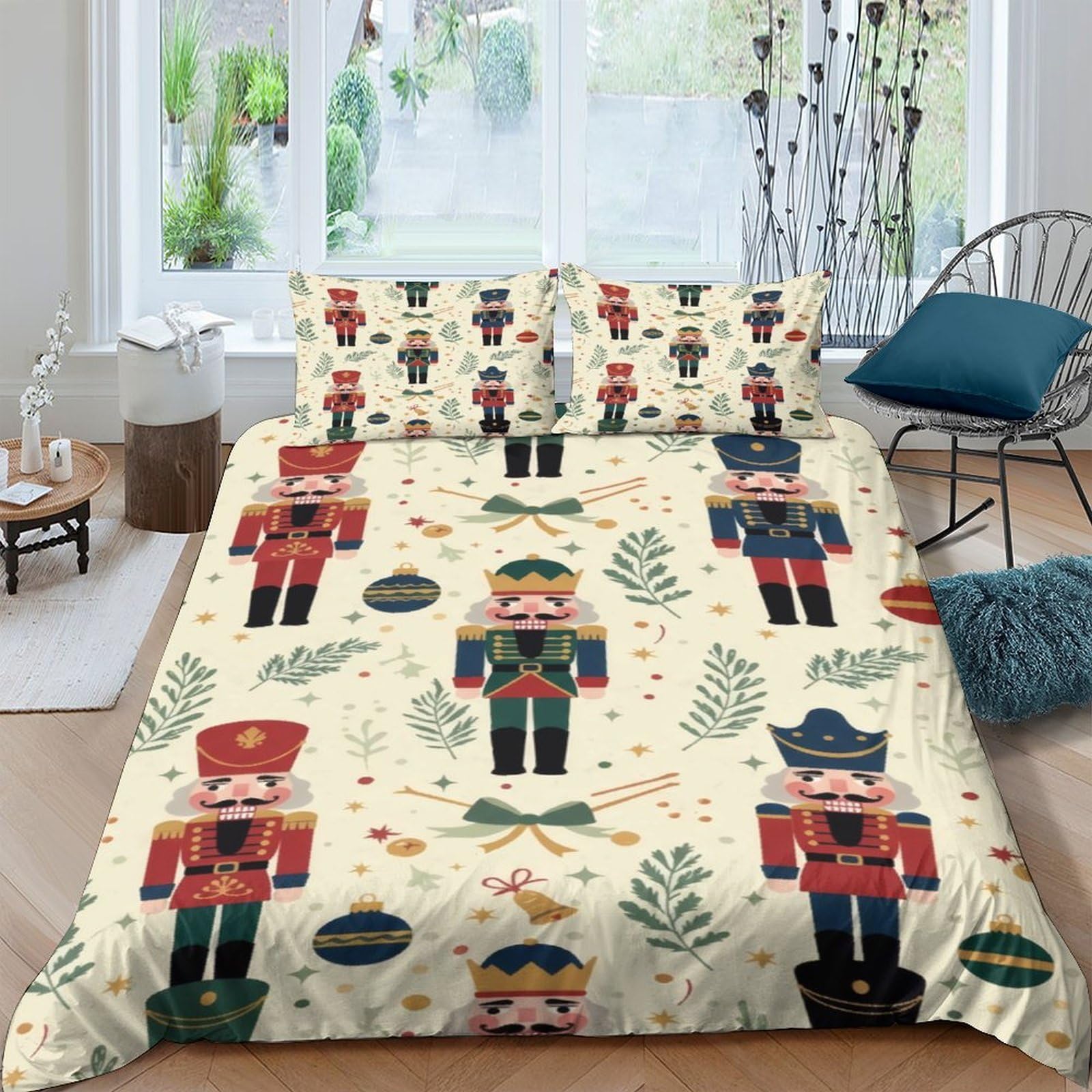 GPLZQXKJNH 3D Printed Nutcracker Pattern Duvet Cover Microfiber Soft Breathable Christmas Soldier Bedding Set with 2 Pillowcases, Bedroom Home Decor Single（135x200cm）