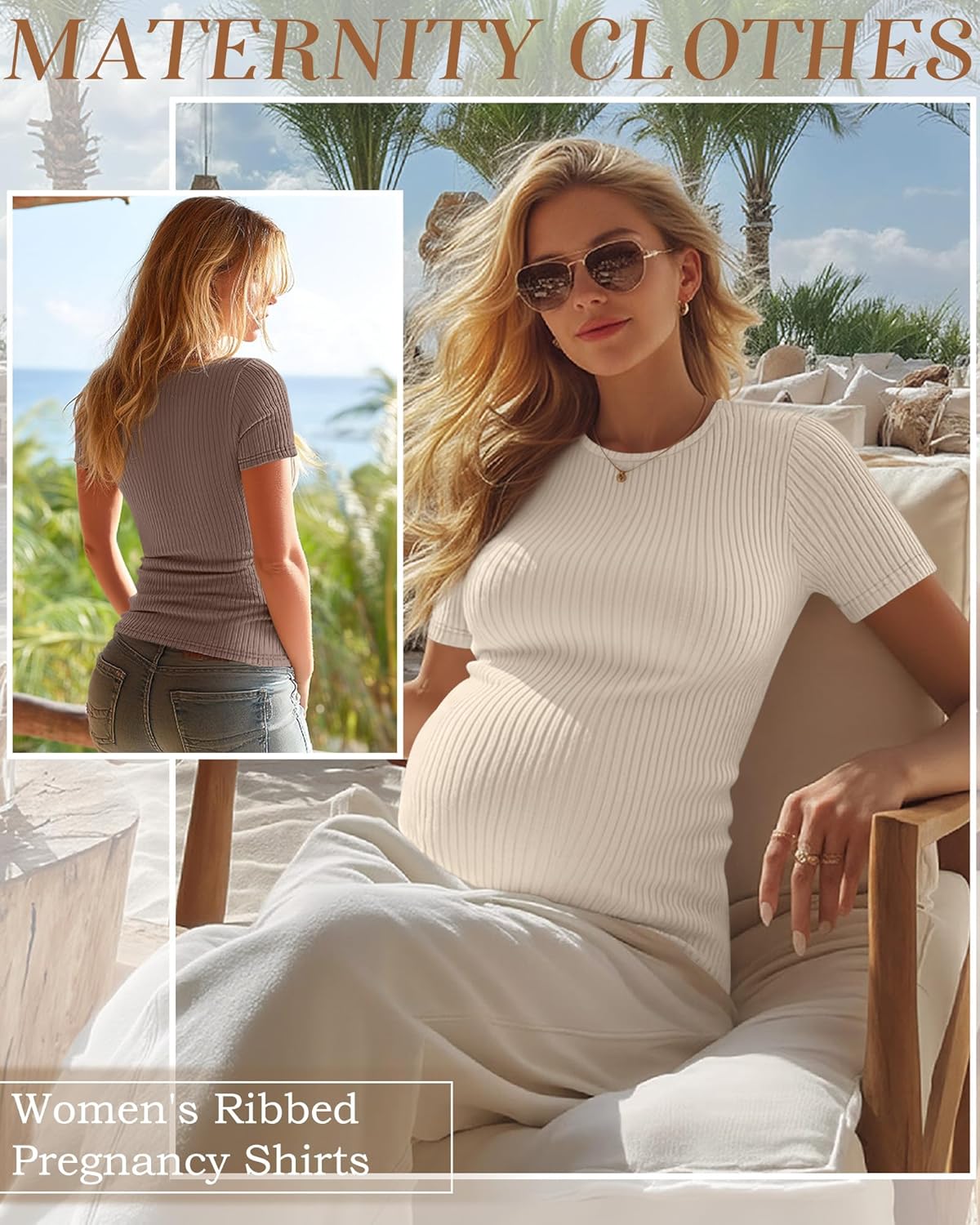 4 Pack Women's Maternity Shirts Ribbed Knit Short Sleeve Pregnancy Tops Crew Neck Tunic Tees Casual Summer Clothes
