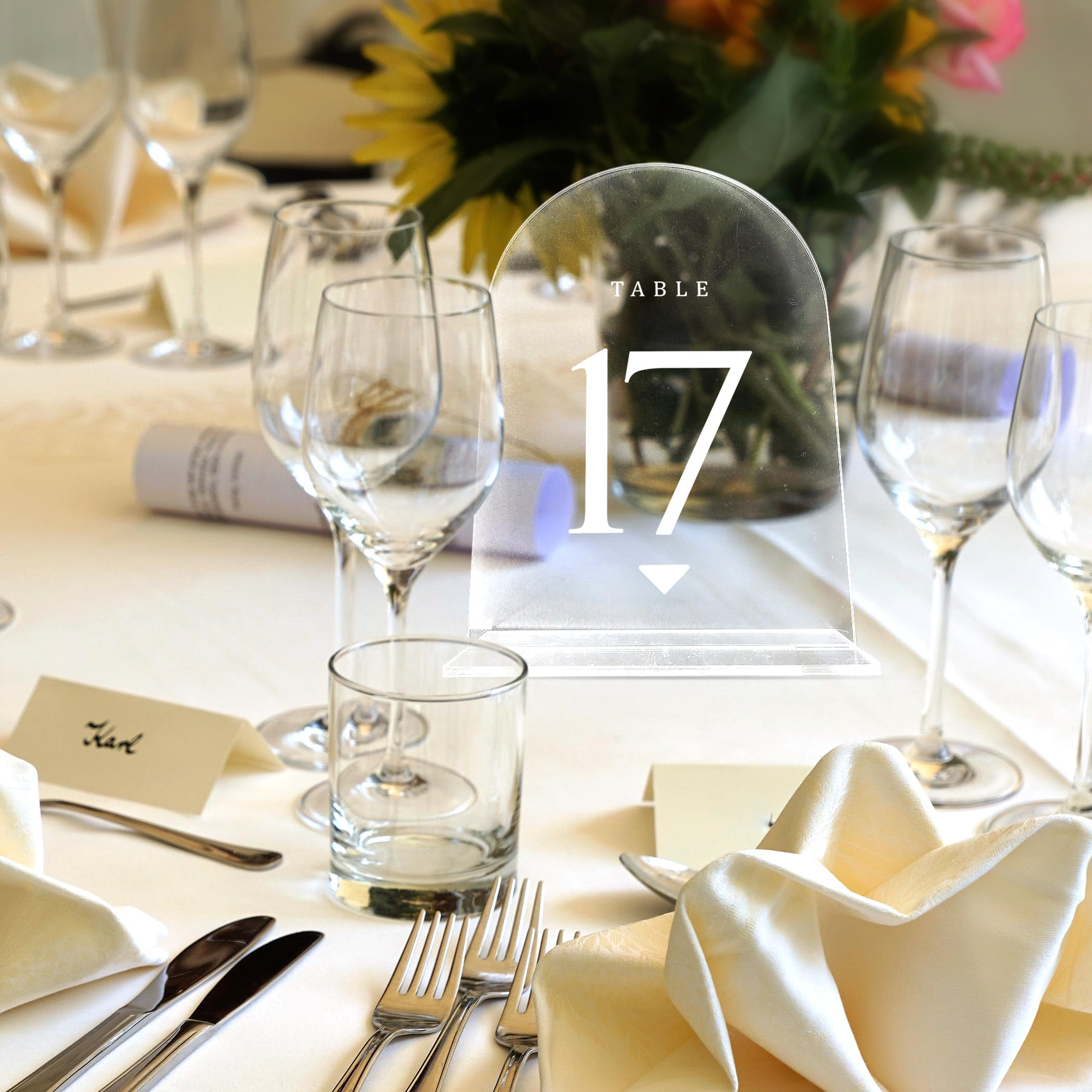 ARROW.C Clear Arch Wedding Table Numbers with Stands 1-20, 5x7 Acrylic Place Cards & Holders for Centerpiece, Decoration, Reception, Party, event, Anniversary (Clear)