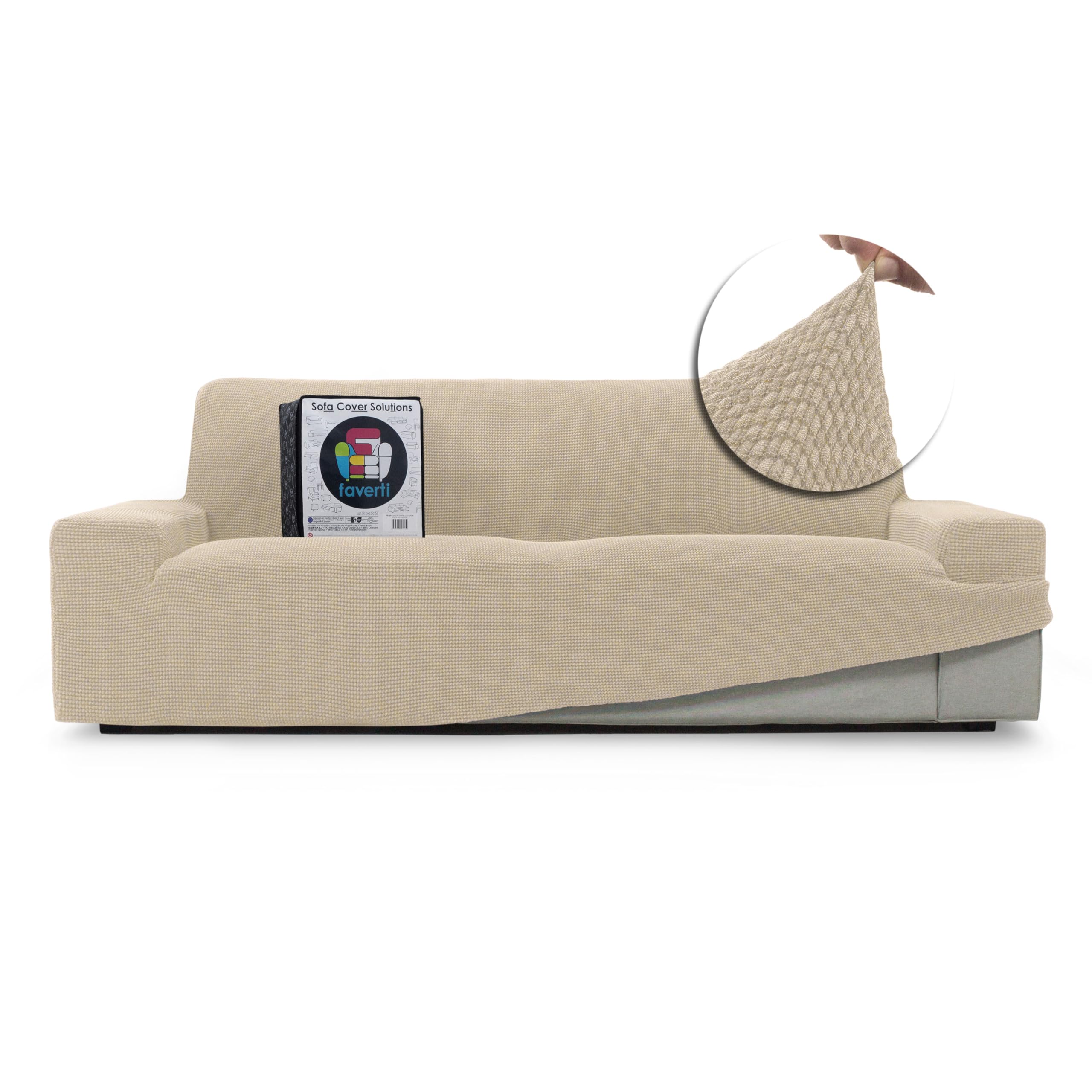 FAVERTI® Funda Sofá Super Elástica 3 plazas de 180 a 230 cm | Modelo NOVELE | Beige | Funda Universal Ideal para Cualquier Forma de sofá | Protector de Calidad Tejido Jacquard Tacto algodón