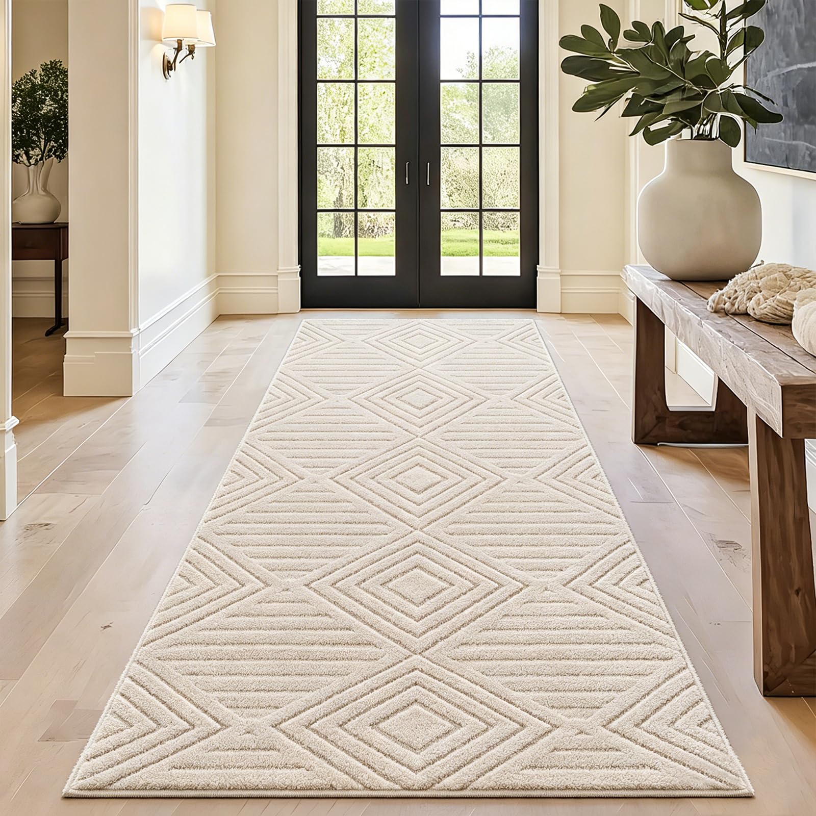 Capslpad Alfombra Pasillo 80x200cm Beige Moderna Lavable Alfombra de Cocina Alfombra Geometría 3D Efecto Alto-Bajo Antideslizante Alfombras Suaves Alfombras para Salón Dormitorio