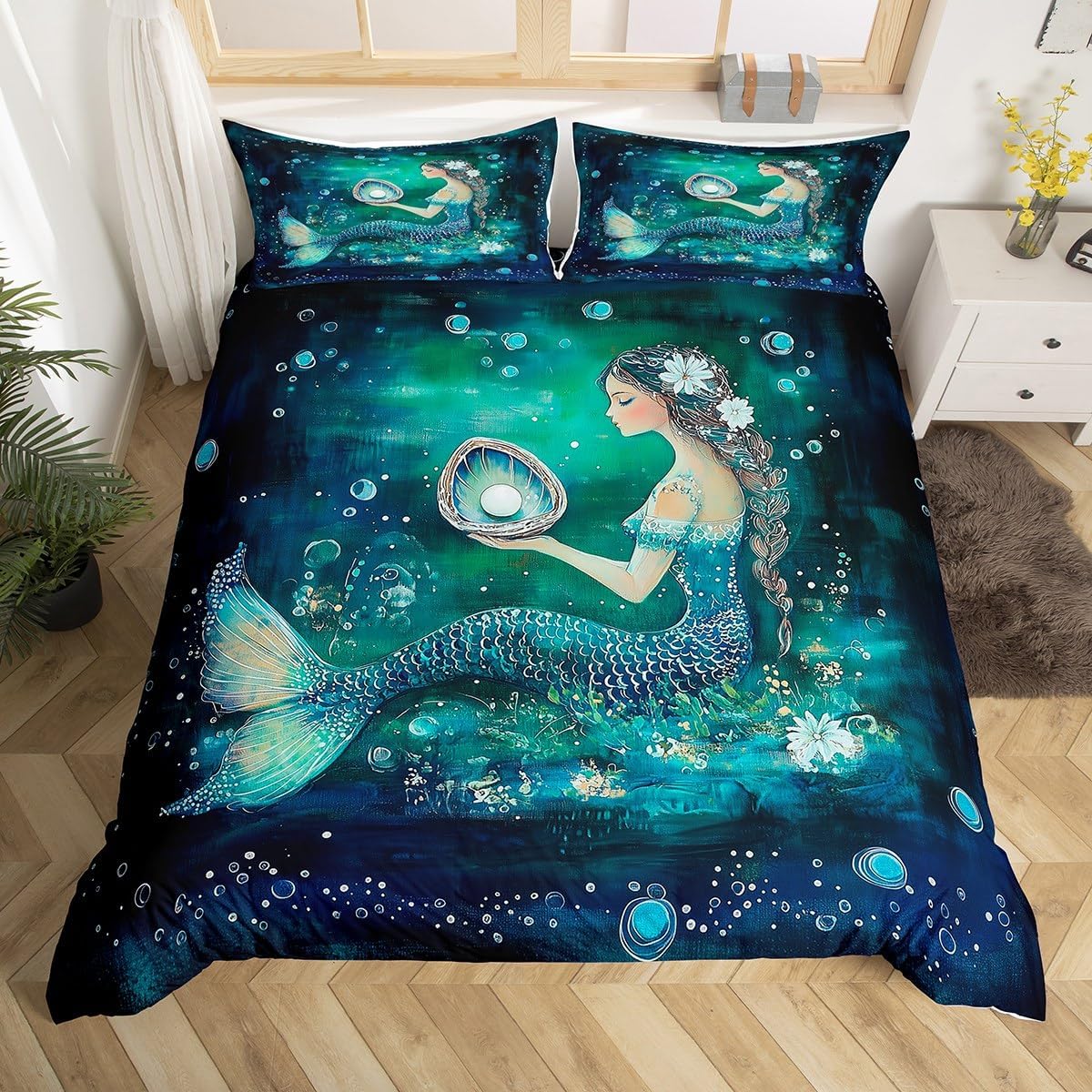Mermaid Duvet Cover Set Toddler Size,Dreamy Ocean Princess Bedding Set(No Comforter),Fairy Tale Sealife Quilt Cover for Kids Bedroom Decor,2 Pcs