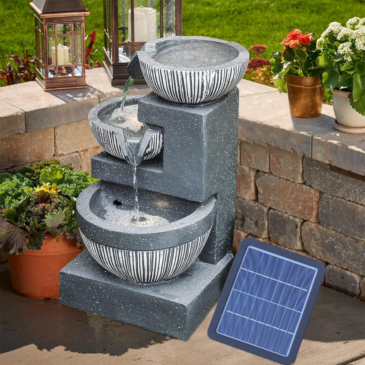 BTGGG Garden Water Feature Decorate Cascading Tiered Water Fountain Pump Waterfall with LED Lights Indoor/Outdoor, Solar Powered, 3 Bowls
