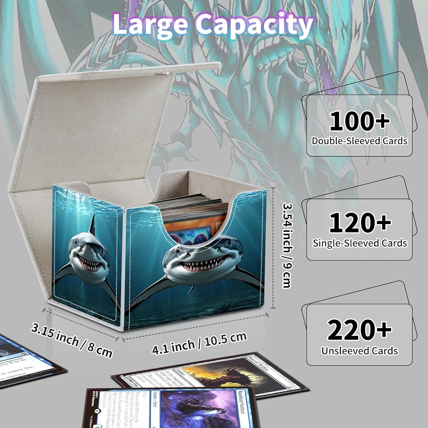 Deck Box for MTG TCG Cards,Card Game Storage Box Holds 120+ Single Sleeved Cards,Commander Deck Box Magnetic Closure Large Size 4 x 3.5 x 3 Inches-Shark image 4