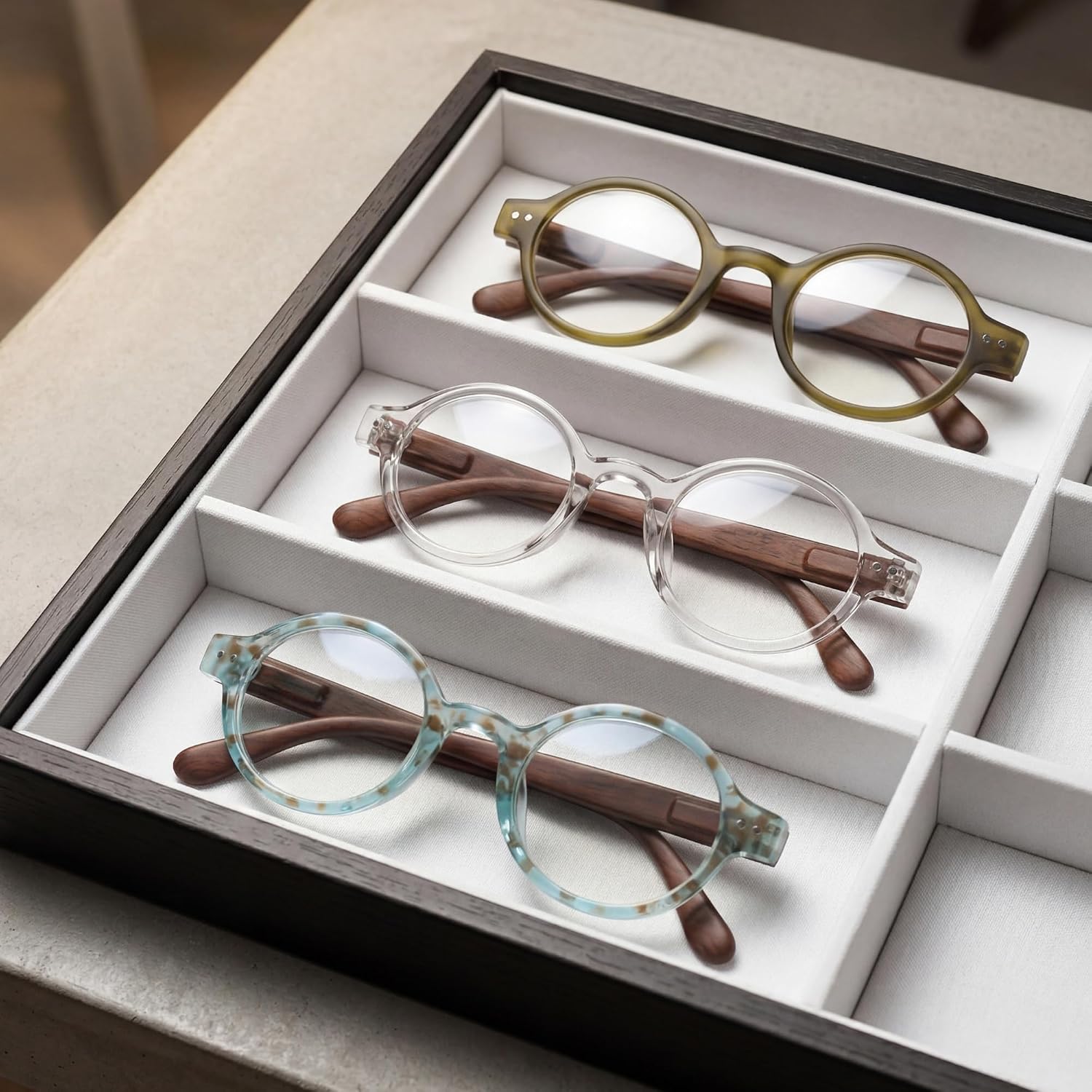 2SeeLife 3-Pack Small Round TR-90 Reading Glasses for Men & Women - Narrow-Medium Fit, Sturdy Frame, Spring Hinges, Retro Readers, Aqua Blue, Clear, Green, +1.25