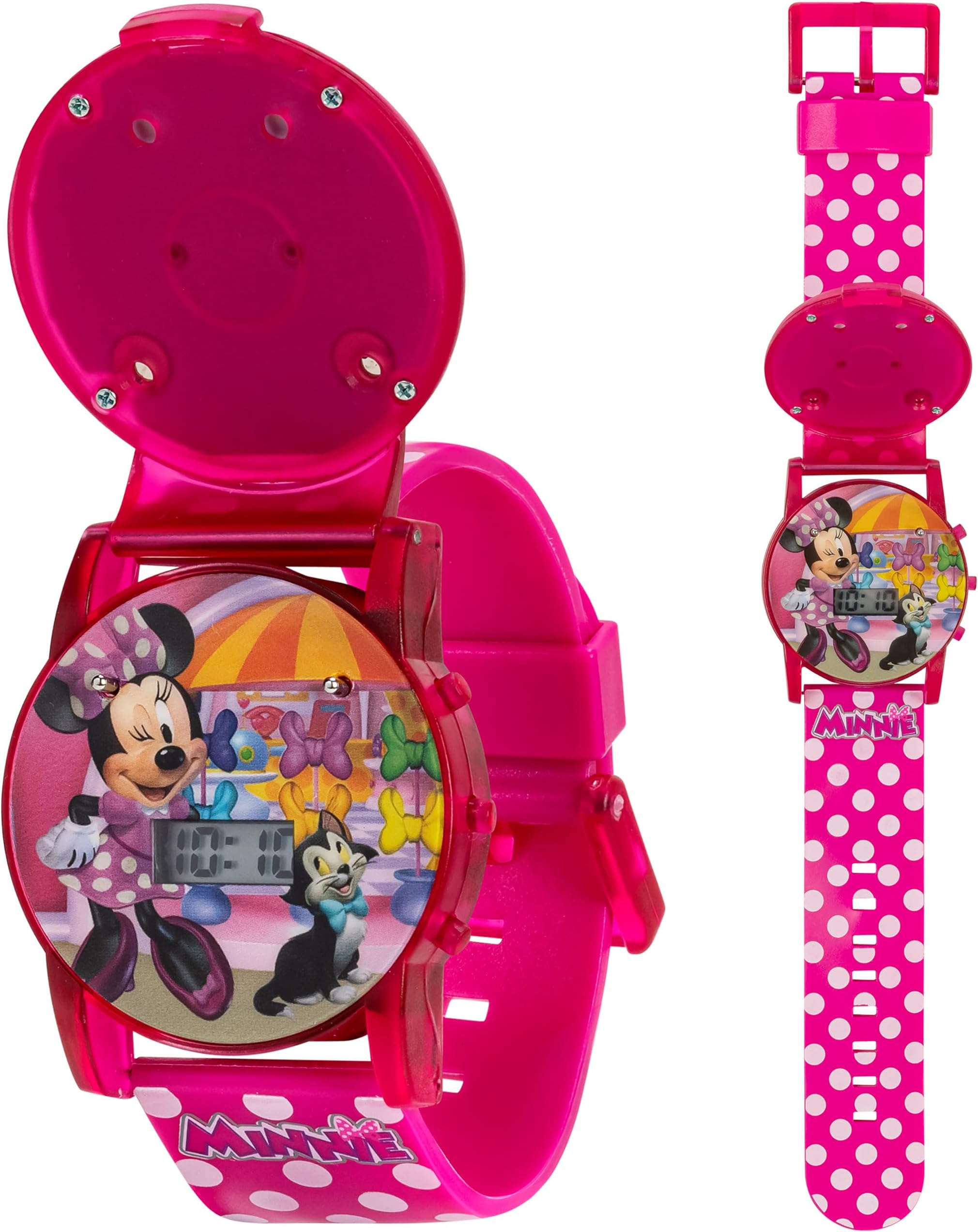Minnie Mouse Kids Flashing Musical Watch with Sound Effects, Colorful LED Lights, Interactive Flip Cover, Easy Digital Time Display, Adjustable Pink Polka Dot Strap, Fits Wrists 5.5" to 8"