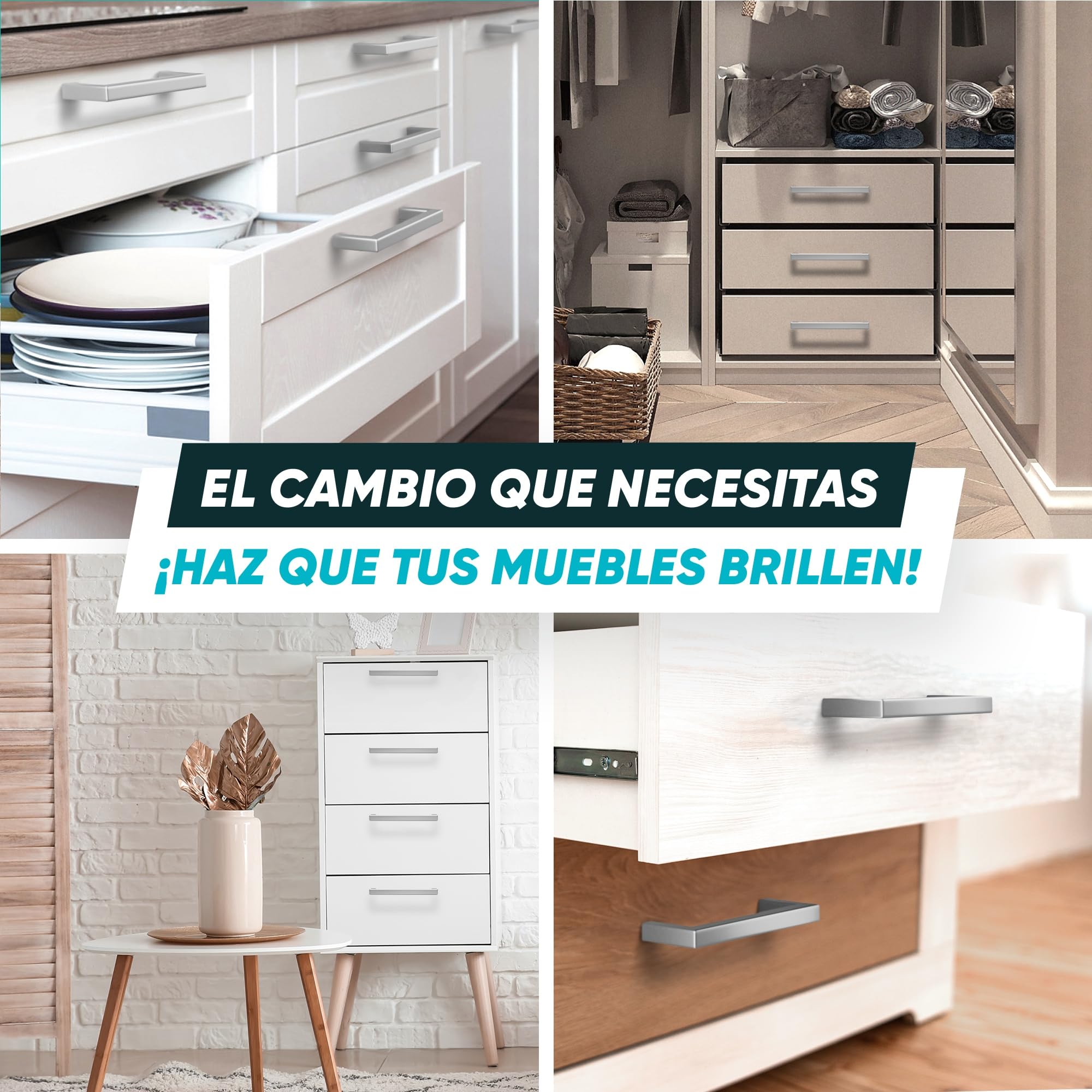 Tiradores Cocina Plateados 160MM (10 Unidades) - Tiradores Armarios Cuadrados - Manillas Rectangulares para puertas de armarios y muebles de cocina.