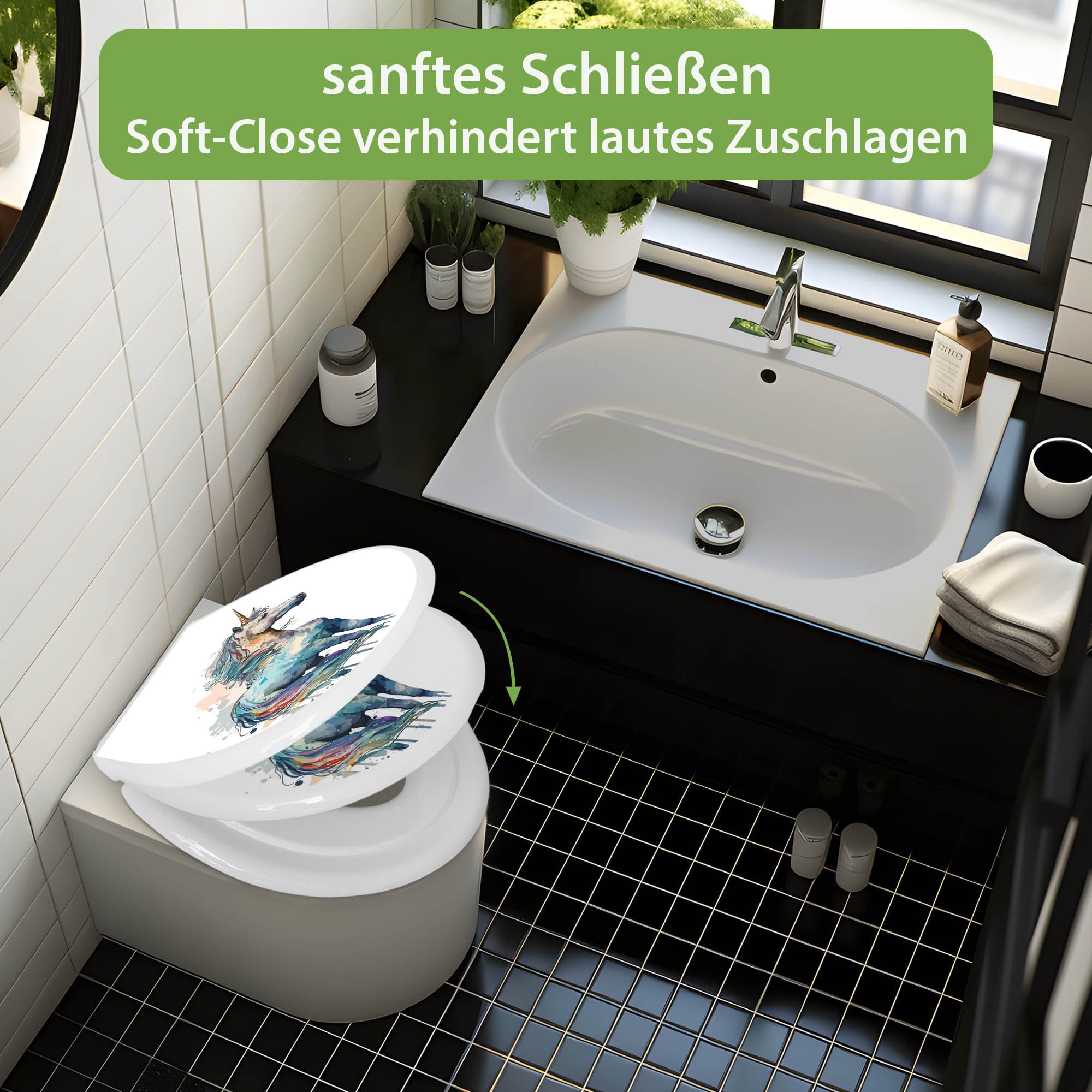 banjado Familien WC Sitz mit Absenkautomatik 44,9x37,1cm - Klobrille mit Kindersitz aus hochwertigem Polypropylen - Toilettendeckel mit Kinder Toilettensitz integriert - Motiv Magisches Einhorn