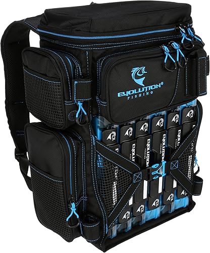 Evolution Fishing Drift Series - Mochila para aparejos - Azul, tamaño 3600, mochila para exteriores con 6 bandejas de aparejos de pesca, mosca de