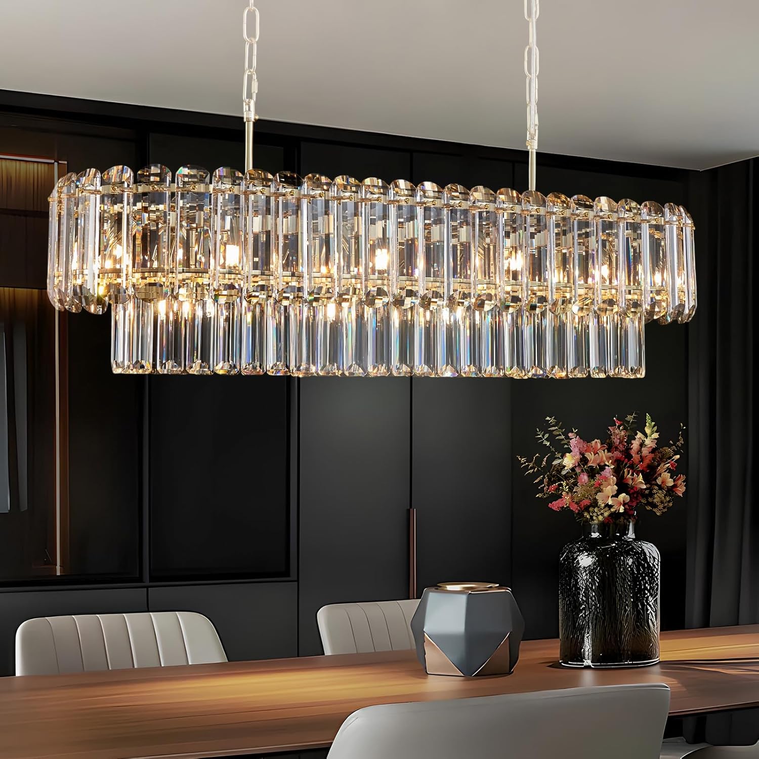 L35.4in Gold Crystal Chandeliers 14-Light Modern Chandeliers for Dining Room Rectangle Luxury Pendant Light Fixture for Kitchen Island,Entryway,Living Room L35.4"